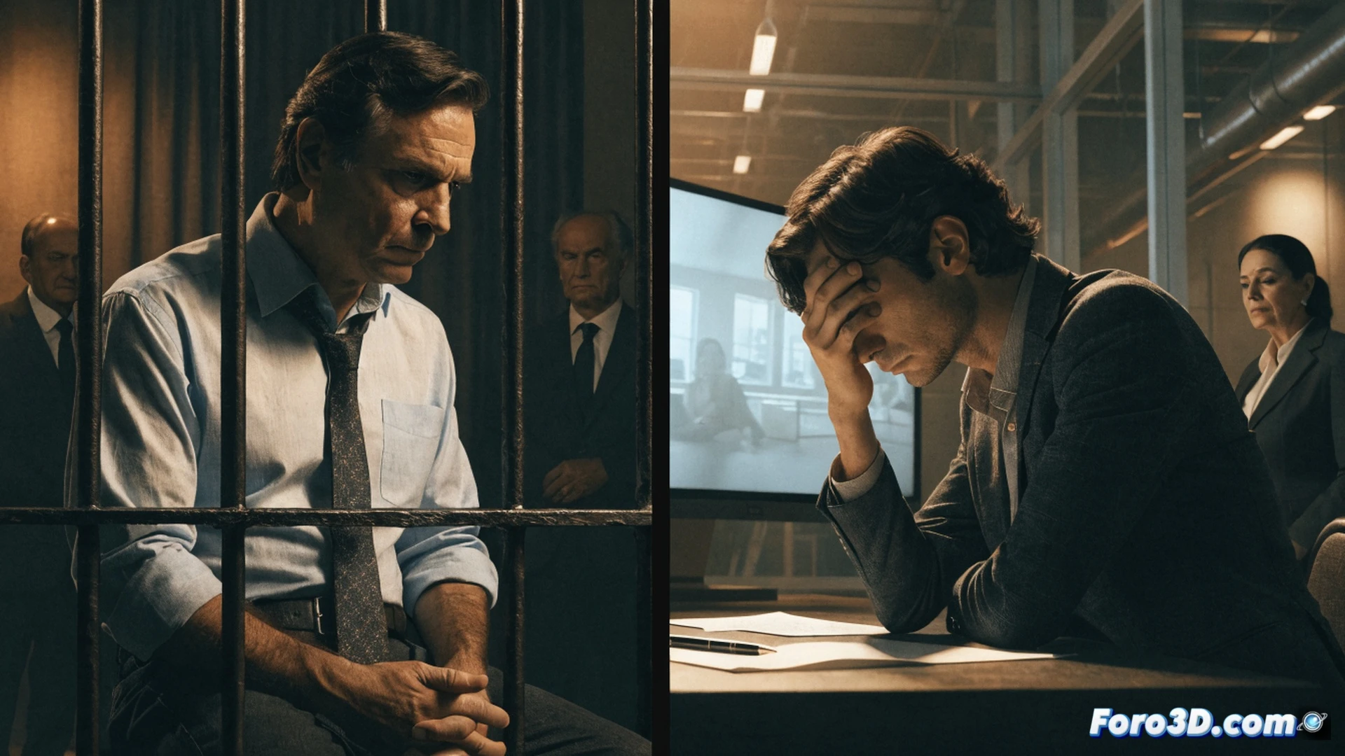 Courtroom scene with a gavel splitting in two halves, one half landing on a luxury watch and the other on a handcuff, while a digital scale shows uneven weights, cinematic photorealistic visualization, dramatic chiaroscuro lighting, cracked marble floor beneath, shadows of a father and son embracing in background, floating newspaper clippings with blurred text, metallic reflections on the gavel, ultra-detailed textures, emotional tension, high-contrast industrial aesthetic
