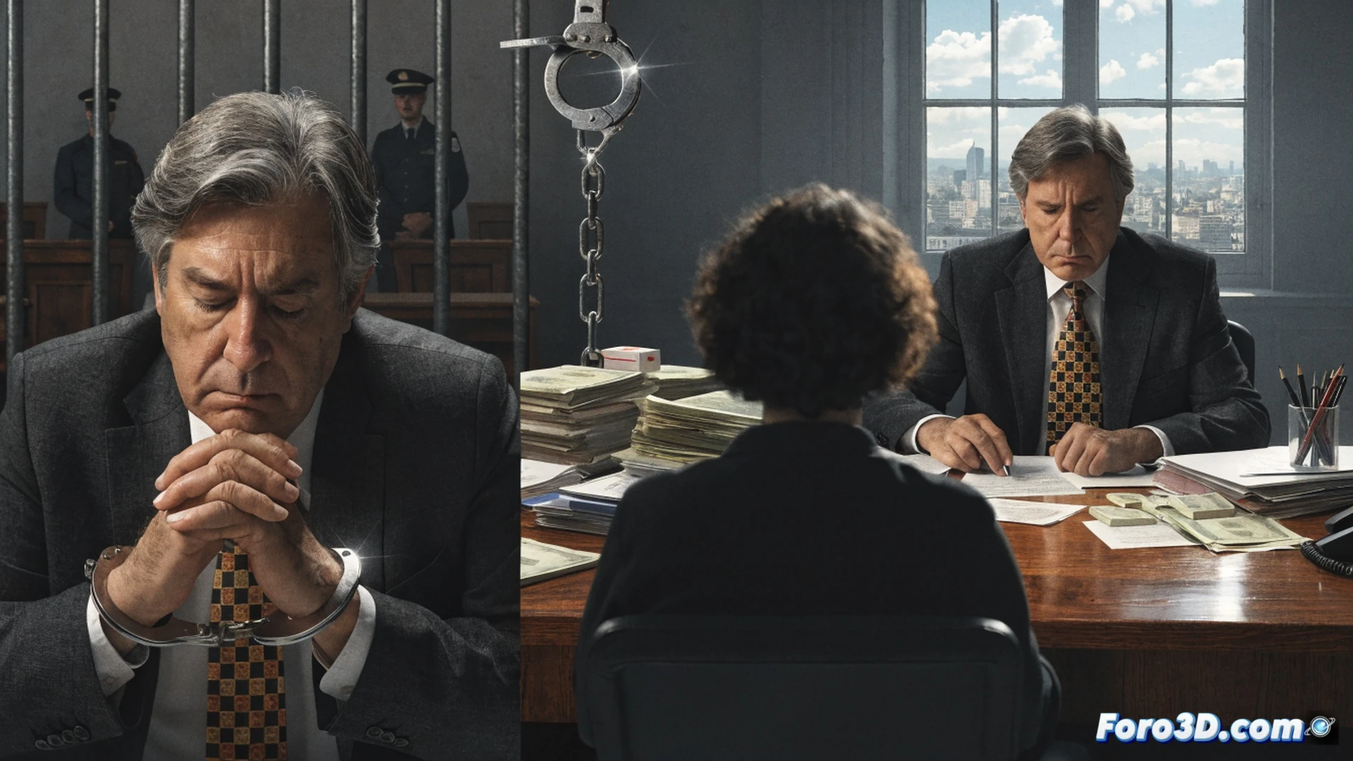 A courtroom scene showing a judge's gavel mid-strike on a block, while a forensic accountant's hand points at a transparent holographic screen displaying a corrupted contract flowchart with red flags and money trails, a broken balance scale lies on its side on the wooden desk, photorealistic cinematic style, dramatic chiaroscuro lighting from a single overhead lamp casting long shadows, polished mahogany surfaces reflecting distorted figures, ultra-detailed textures of legal documents and metal objects, sharp focus on the gavel and hologram, slight motion blur on the falling scale