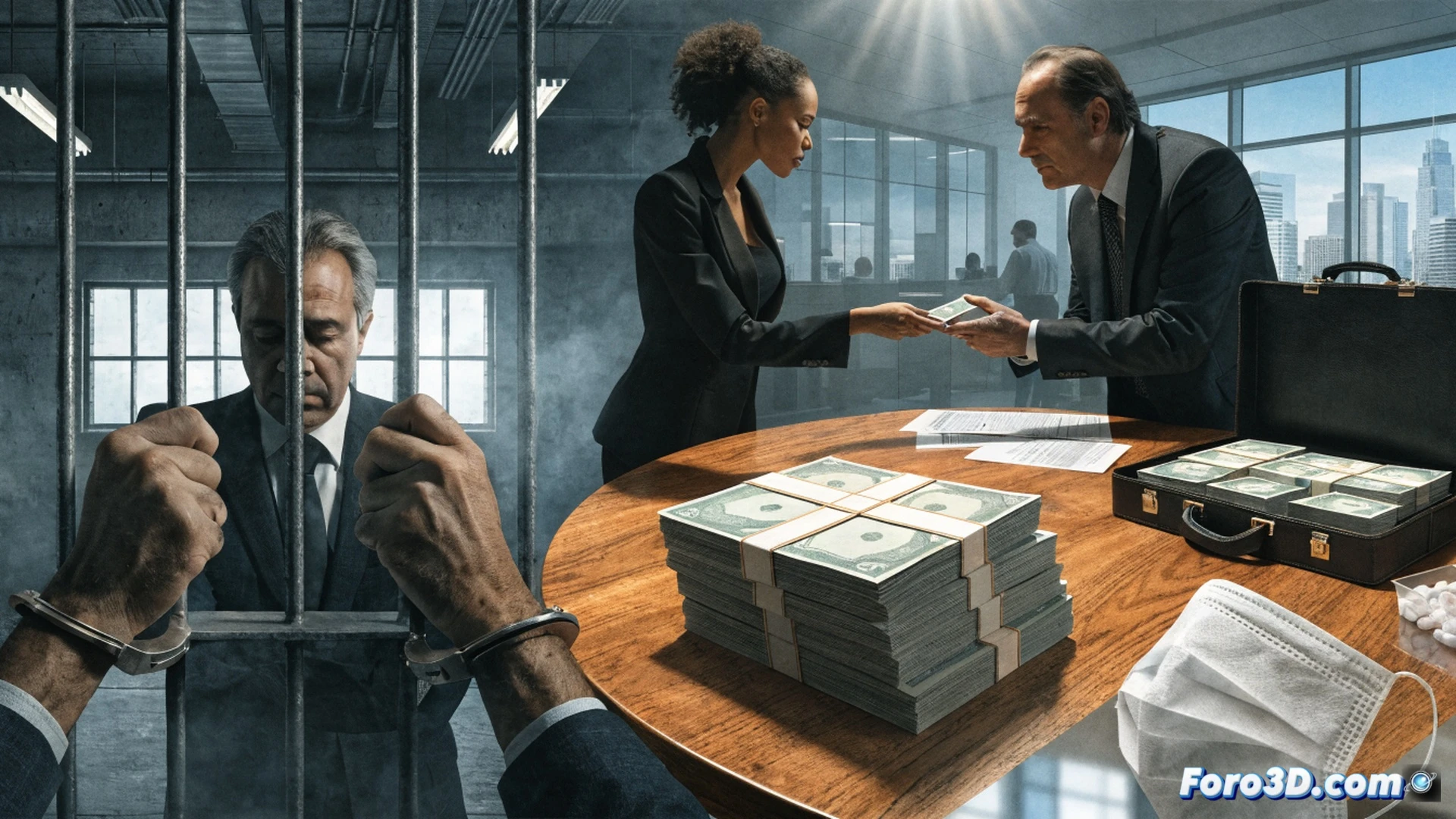 Photorealistic technical illustration of a government contract document being stamped with a red seal, while a digital tablet beside it shows a cancelled tender notice for medical masks, stacks of euro banknotes partially hidden under a transparent folder, a black briefcase open with scattered papers, dramatic overhead lighting casting sharp shadows on a mahogany desk, forensic-style evidence markers placed near a broken official seal, ultra-detailed paper textures and metallic pen reflections, cinematic legal investigation scene, high-contrast chiaroscuro lighting, 8k architectural visualization quality