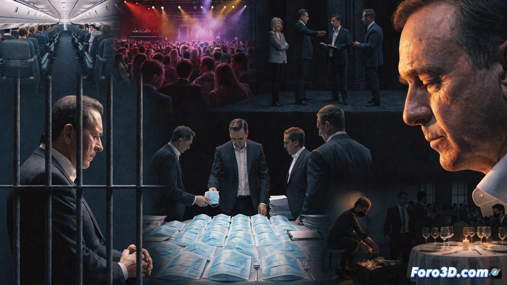 Photorealistic cinematic scene of a politician in a suit handing a stack of cash to a public official in a dimly lit government office, while a large monitor displays a digital blueprint of face masks and a corruption network diagram with glowing red lines connecting financial nodes, scattered medical mask boxes on a desk, forensic accounting software interface visible on a tablet, dramatic chiaroscuro lighting casting long shadows, ultra-detailed textures of leather briefcase and paper documents, wide-angle lens emphasizing the transactional action, technical illustration style with high contrast and gritty realism