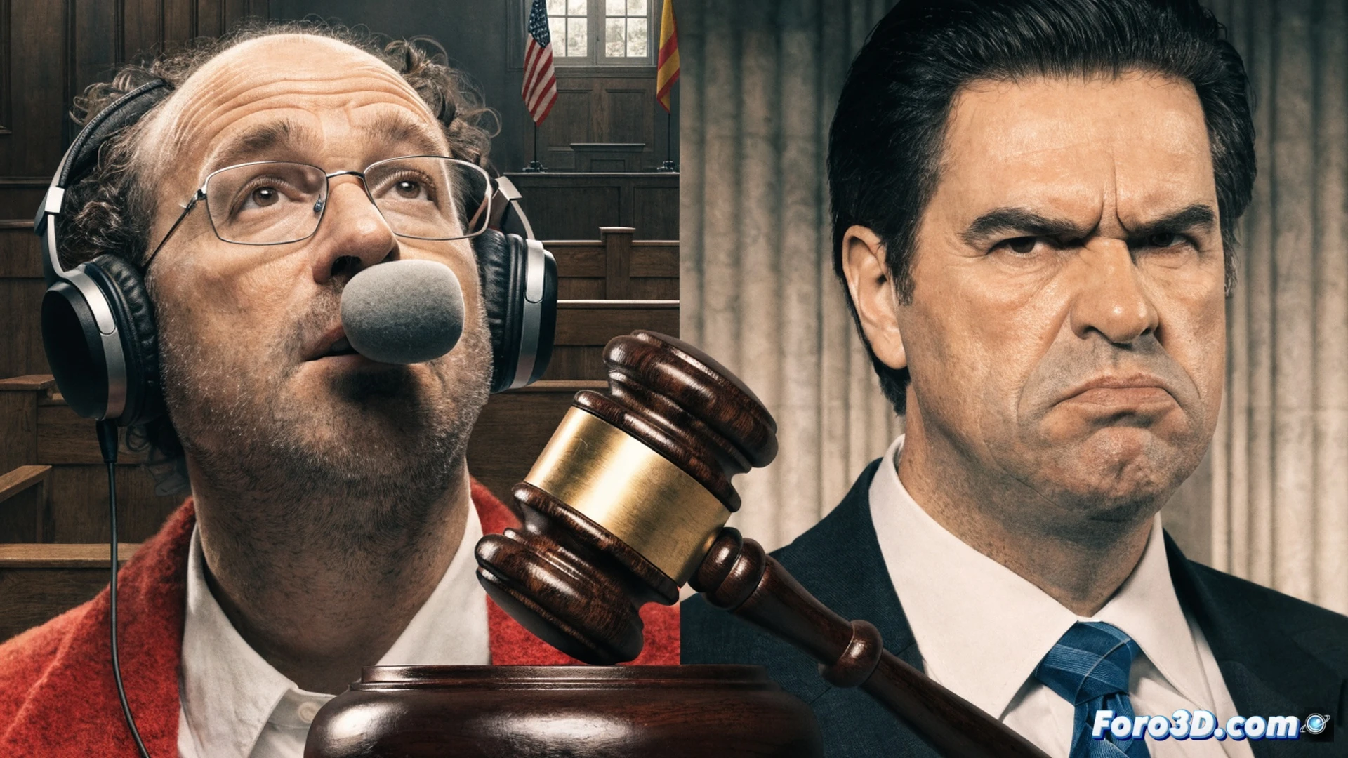political debate stage with two men facing each other, one pointing aggressively while the other holds a microphone, a gavel striking a wooden block in foreground, a smartphone screen showing a defamation lawsuit document being dismissed, scales of justice tipped toward a speech bubble icon, courtroom setting with wooden benches and a judge's bench in background, dramatic spotlight illuminating the speaker's gesture, cinematic photorealistic style, high contrast lighting, shadows emphasizing tension, legal and political symbols integrated into the scene