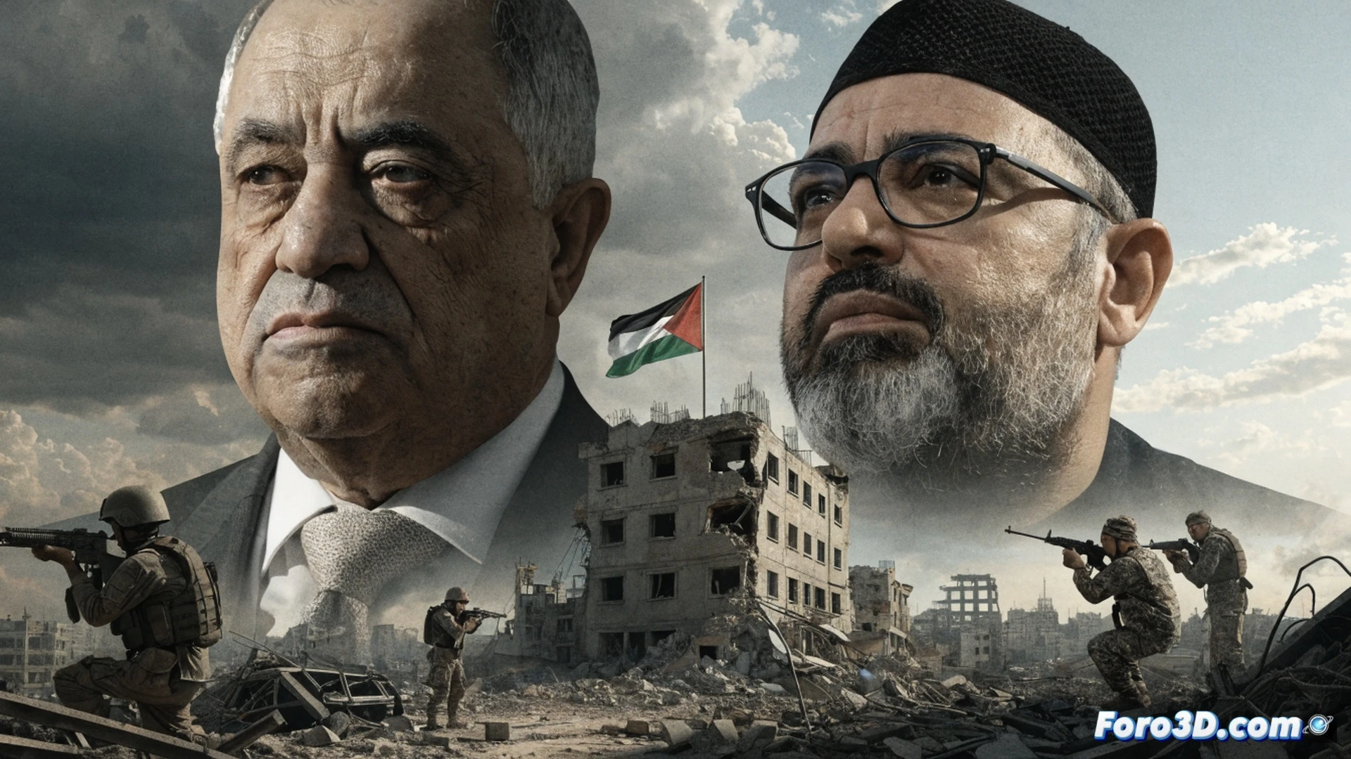 Ruined election booth in Gaza, shattered concrete walls, twisted metal ballot box on ground, torn voting papers scattered among rubble, broken digital voter registration terminal with cracked screen, a single undamaged ballot paper fluttering in dusty wind, yellowed sunlight through smoke haze, cinematic photorealistic style, war-torn urban landscape, dramatic shadows, debris-covered floor, abandoned polling station, political decay atmosphere, ultra-detailed destruction textures