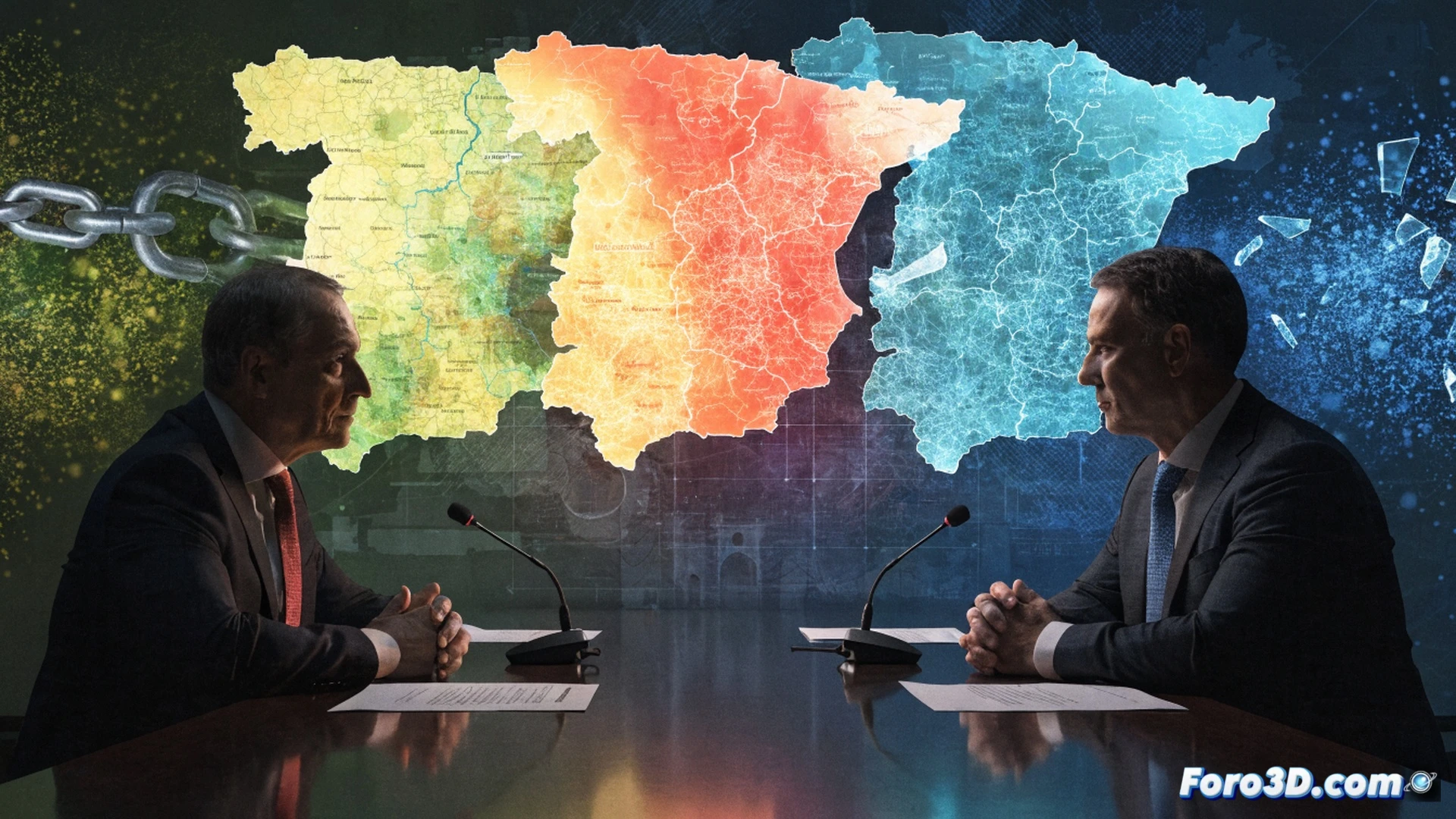 Santiago Abascal rompiendo un mapa político de España con sus manos, astillas de las regiones de Extremadura, Aragón y Castilla y León volando en el aire, mientras un edificio gubernamental en miniatura se derrumba sobre documentos de acuerdos rotos, fotorealista cinematográfico, iluminación dramática con sombras duras, textura de papel rasgado y madera astillada, fondo de sala de juntas vacía con sillas caídas, tensión política mostrada como fuerza física destructiva, ultra detallado