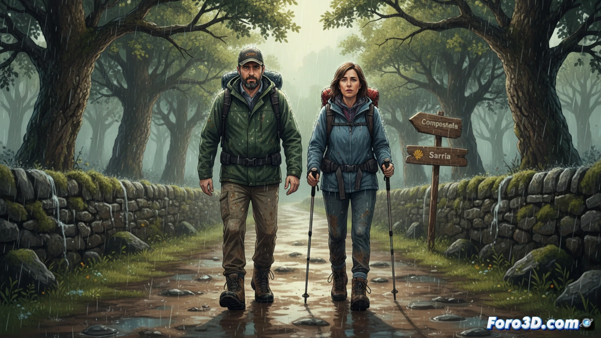 Dos figuras caminan juntas bajo la lluvia en un sendero de piedra, con mochilas y bastones, una con chaqueta oscura y otra con impermeable claro, al fondo la catedral de Santiago.