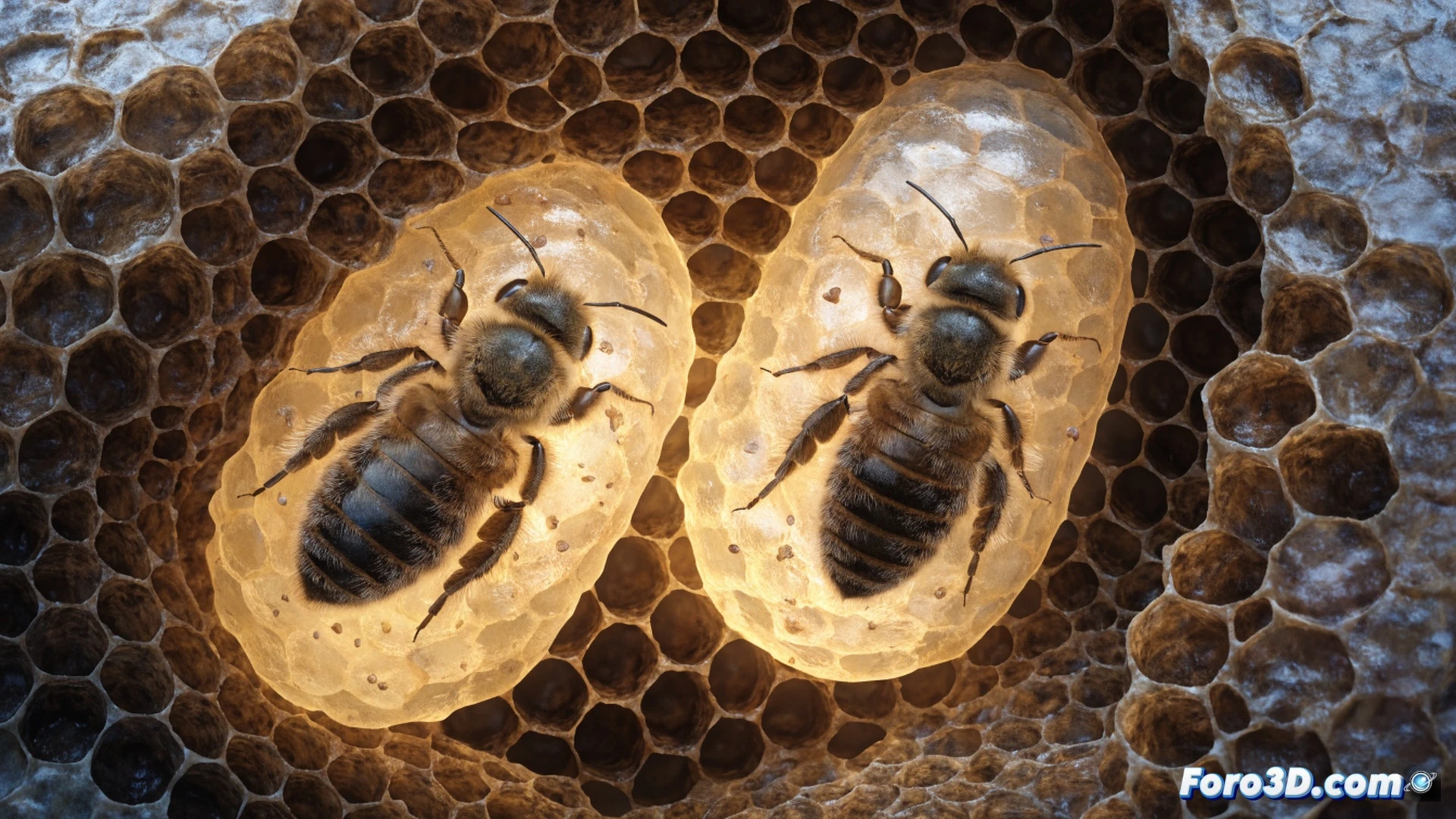 close-up macro shot inside a beehive, worker bees constructing a special queen cell with flexible warm wax, thermal imaging glow radiating from the cell showing elevated temperature, young nurse bees pressing and shaping the wax walls with their mandibles, royal jelly visible inside the cell, honeycomb background with hexagonal worker cells, photorealistic technical illustration, golden amber lighting, extreme detail on bee anatomy and wax texture, depth of field focusing on the queen cell construction process