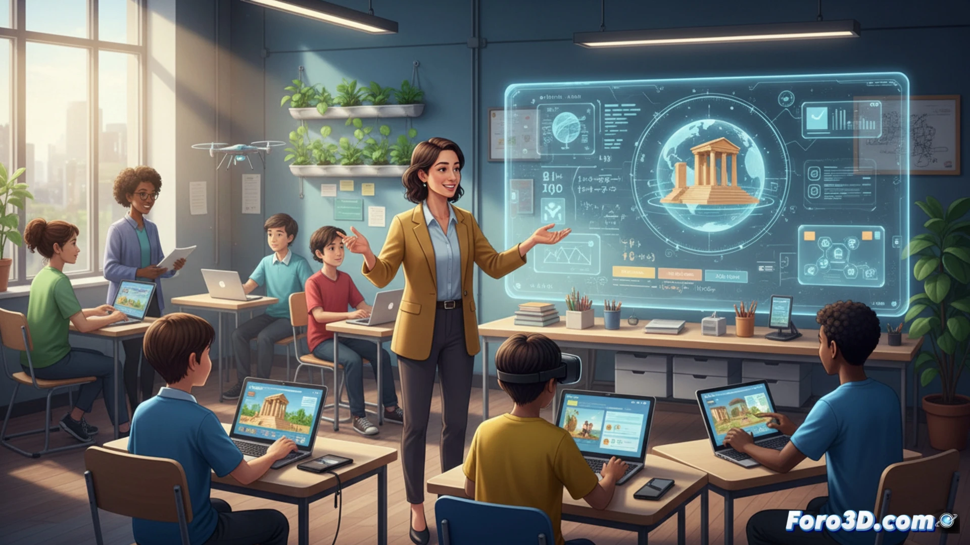 modern classroom scene, teacher demonstrating interactive holographic molecular model floating above a tablet, students using augmented reality headsets to explore 3D educational software, bright digital interfaces projected on smartboards, robotic arm assembling a circuit board prototype, wireless charging pads on desks, blue LED indicators glowing, technical engineering visualization, clean white walls with acoustic panels, dynamic learning process, soft diffused lighting, photorealistic educational tech render, shallow depth of field focusing on hologram