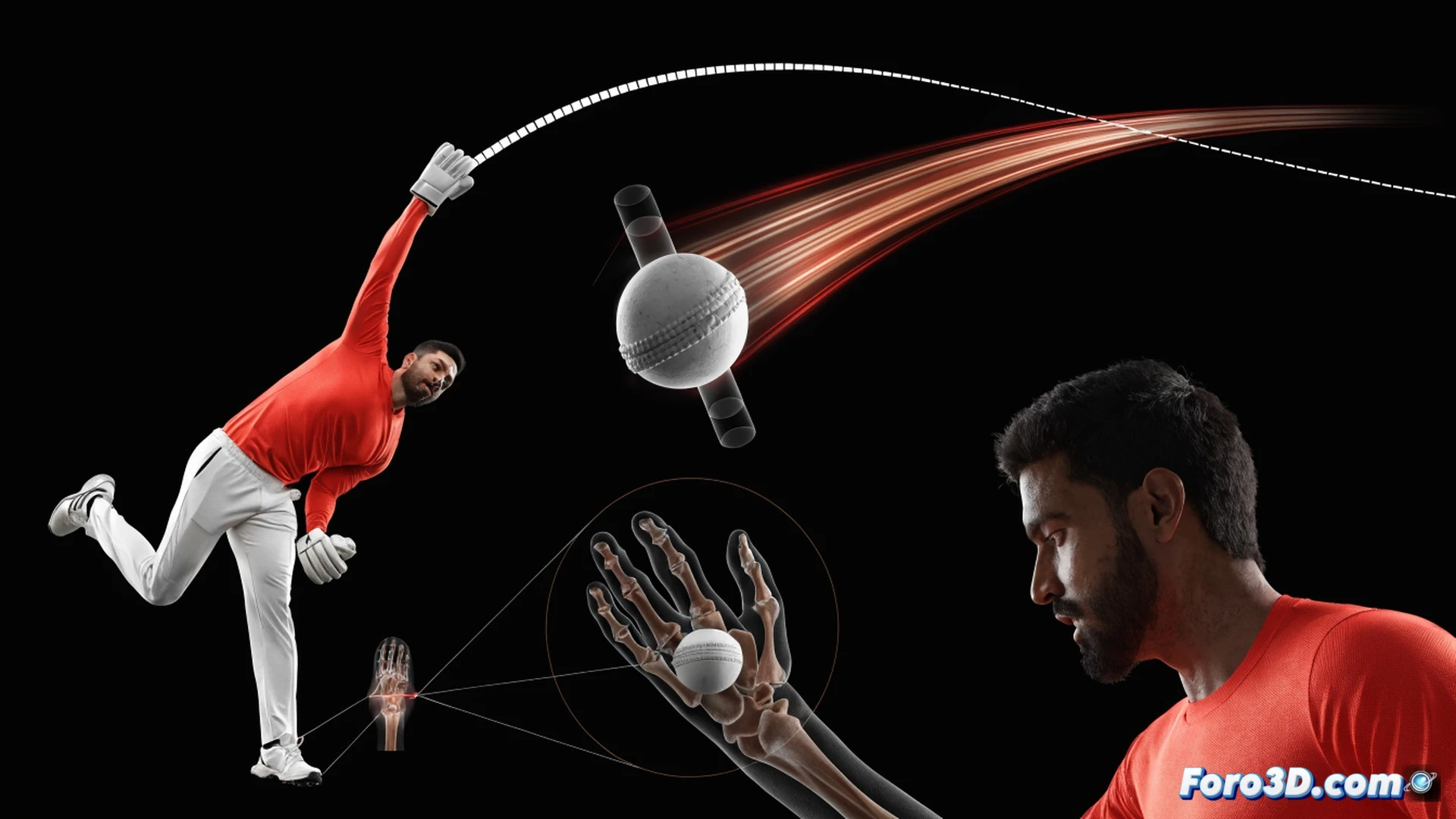 close-up 3D motion capture of a cricket bowler’s wrist and fingers releasing a spinning ball, ball mid-air showing pronounced curved trajectory path like a diamond shape, glowing angular lines tracing the ball rotation axis and seam movement, flexible wrist bones highlighted with translucent skeletal overlay, point of release with high-speed particle trails, technical engineering visualization, dark studio background with grid floor, cinematic rim lighting on athlete arm, photorealistic render, ultra-detailed skin texture and muscle tension, motion blur on ball spin, virtual 3D analysis interface with holographic rotation data points floating around the scene