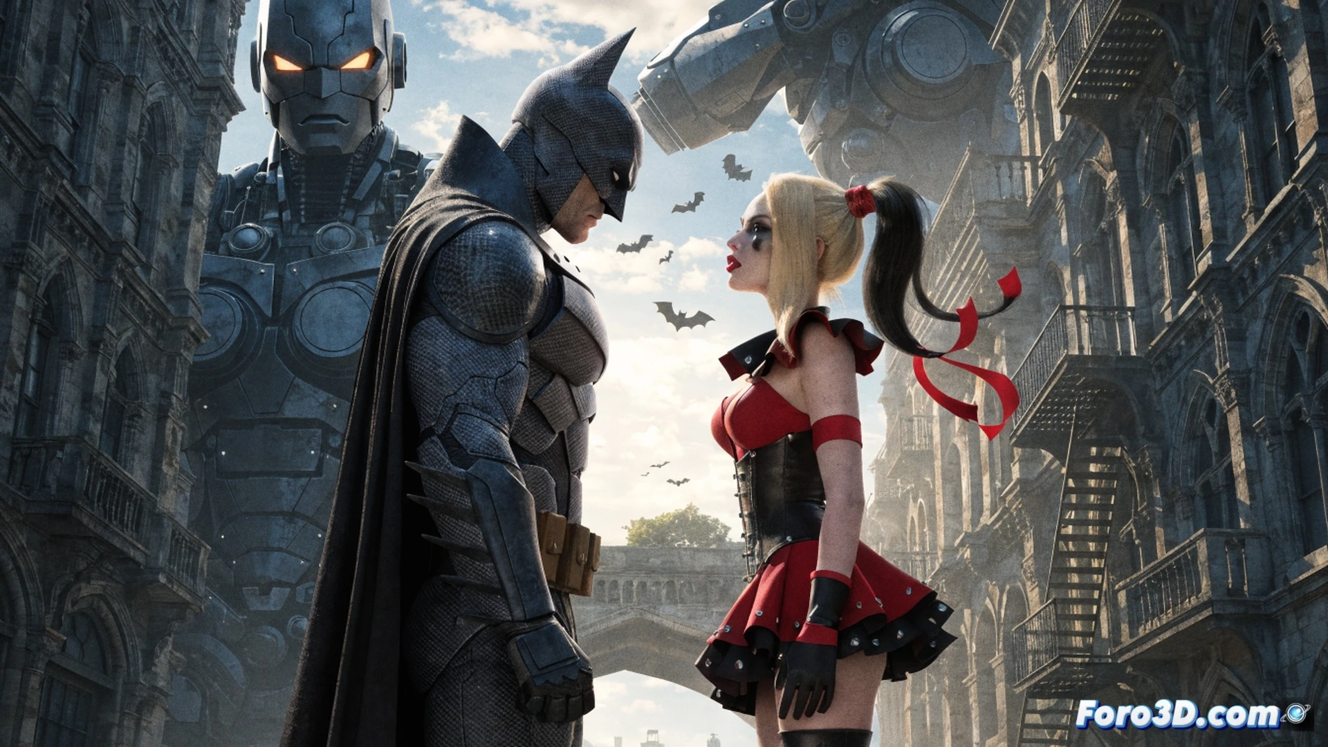 Batman en silueta oscura sobre azotea gótica, Harley Quinn a su lado con martillo gigante, tres mechas Robins enemigos emergiendo del humo con brazos hidráulicos y cañones, cables de acero rotos colgando de estructuras metálicas, engranajes expuestos y chispas eléctricas, noche lluviosa con reflejos neón, estilo cinematográfico oscuro, iluminación dramática desde abajo, texturas de metal desgastado, render fotorrealista técnico, acción de alianza inesperada durante enfrentamiento urbano