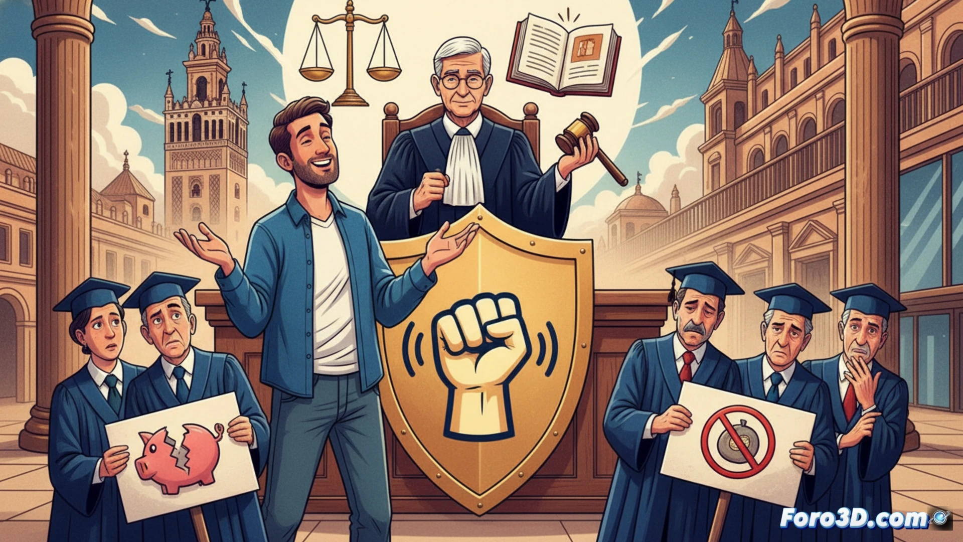 Un padre sonríe ante un tribunal, con el móvil en mano, junto a un cartel escolar tachado con la palabra 'impuesto'.