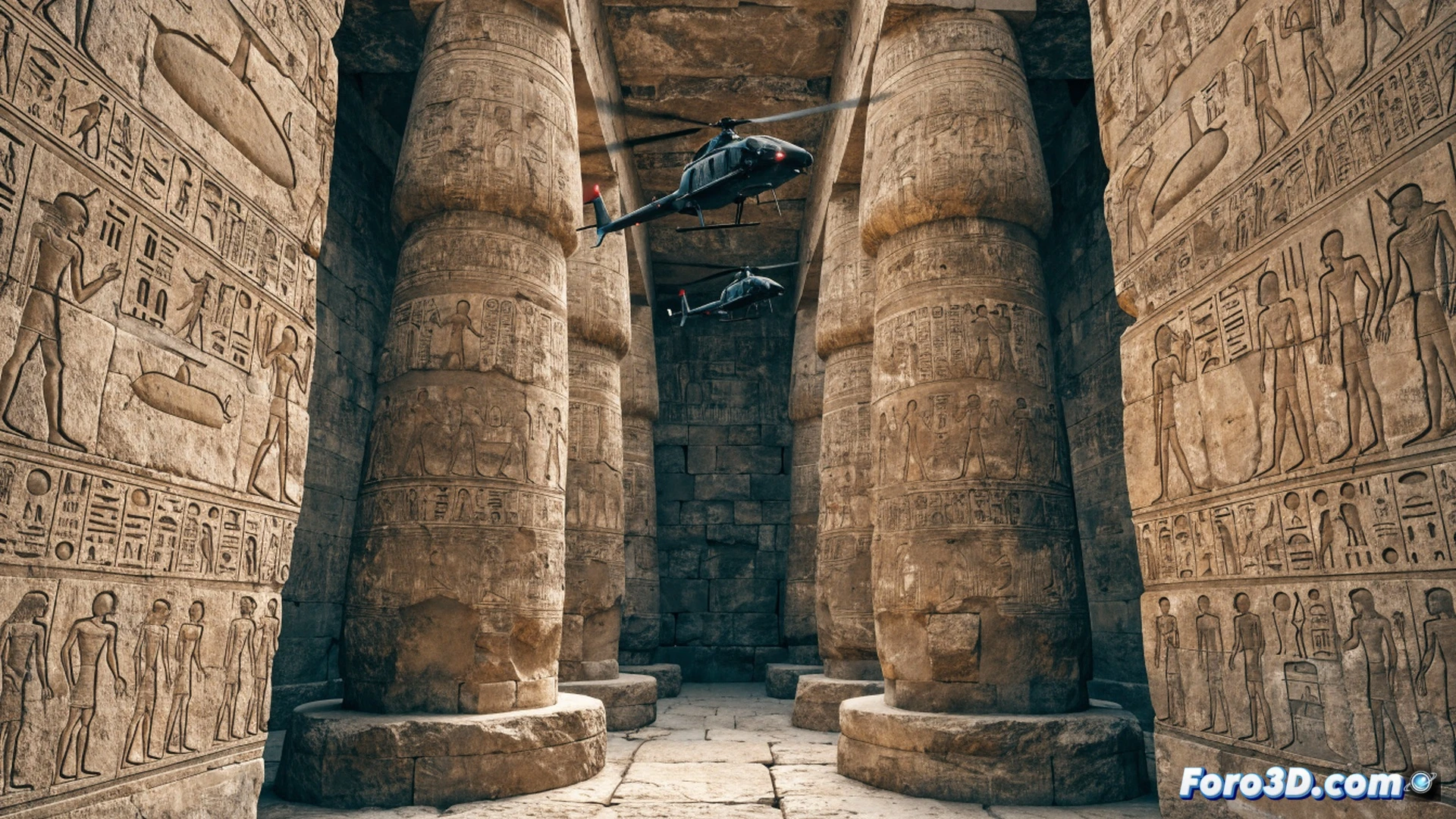 Ancient Egyptian temple wall with layered hieroglyphic carvings, weathered sandstone surface showing overlapping chisel marks, a priest's hand erasing sacred text with a stone tool while sunlight casts dramatic shadows, revealing accidental helicopter-like silhouette formed by superimposed symbols, photorealistic archaeological documentation style, macro detail of stone grain and tool grooves, warm desert lighting, ultra-detailed texture of eroded limestone, cinematic historical visualization, technical illustration of palimpsest process