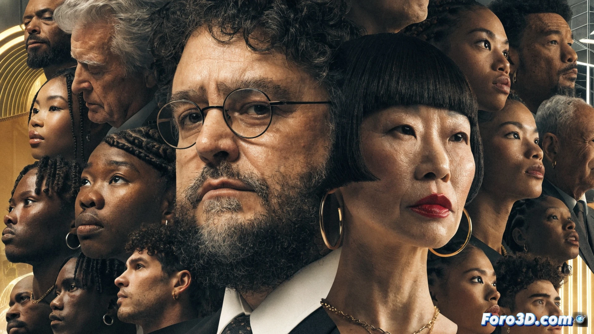 Wide shot of a modern glass-walled boardroom, diverse film industry leaders seated around a polished oval table, a holographic display shows a pie chart with 47 percent female and 32 percent minority representation, three equal sections labeled for each branch, Guillermo del Toro and Jinko Gotoh shaking hands in foreground, laptops with editing software open, clapperboards and 3D camera rigs on side tables, cinematic technical illustration style, soft natural light from tall windows, metallic and wood textures, photorealistic corporate render, balanced composition