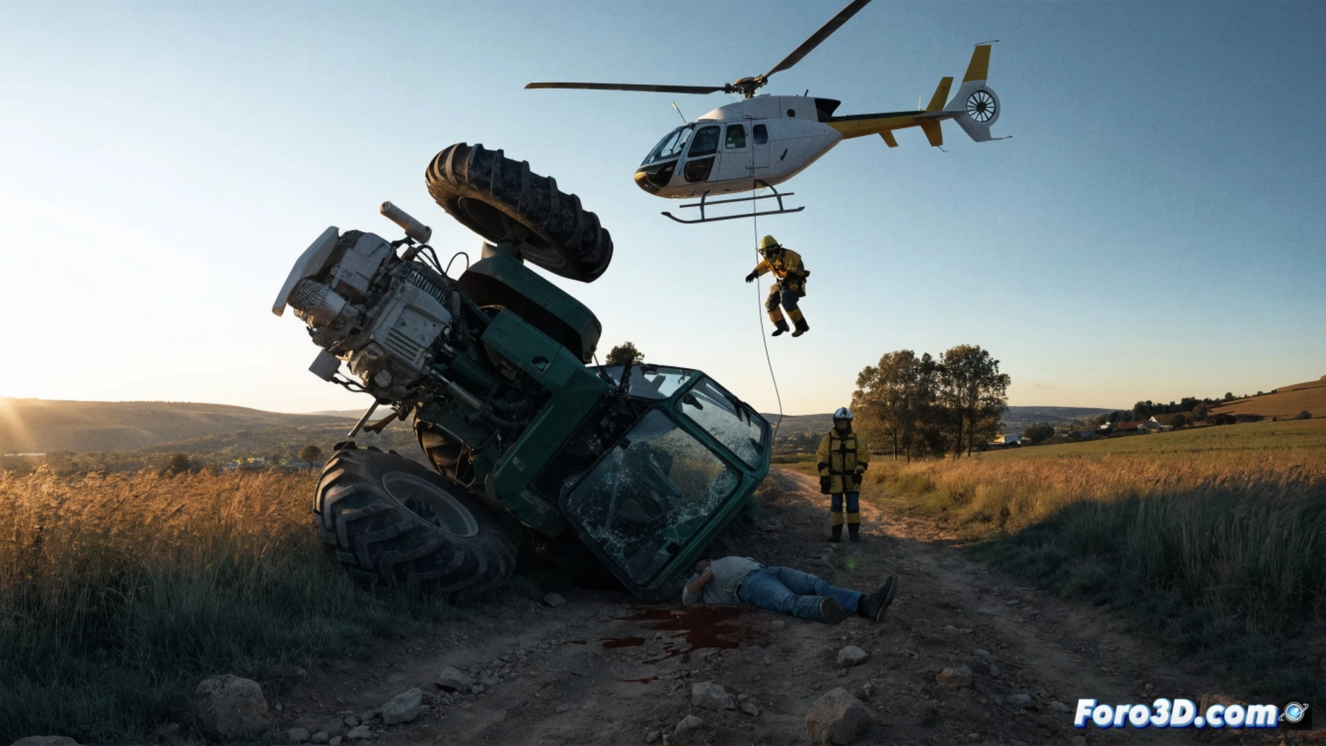 tractor volcado en un camino rural de tierra en Quinto, Zaragoza, ruedas traseras hacia arriba, motor humeante, bombero de la DPZ utilizando una herramienta hidráulica de rescate para estabilizar el vehículo, helicóptero sanitario aterrizando en un campo cercano con rotor en movimiento, polvo levantado por el viento, escena de rescate en acción, iluminación de atardecer, estilo cinematográfico fotorrealista, detalles técnicos de la maquinaria agrícola y equipos de emergencia, composición dramática con profundidad de campo