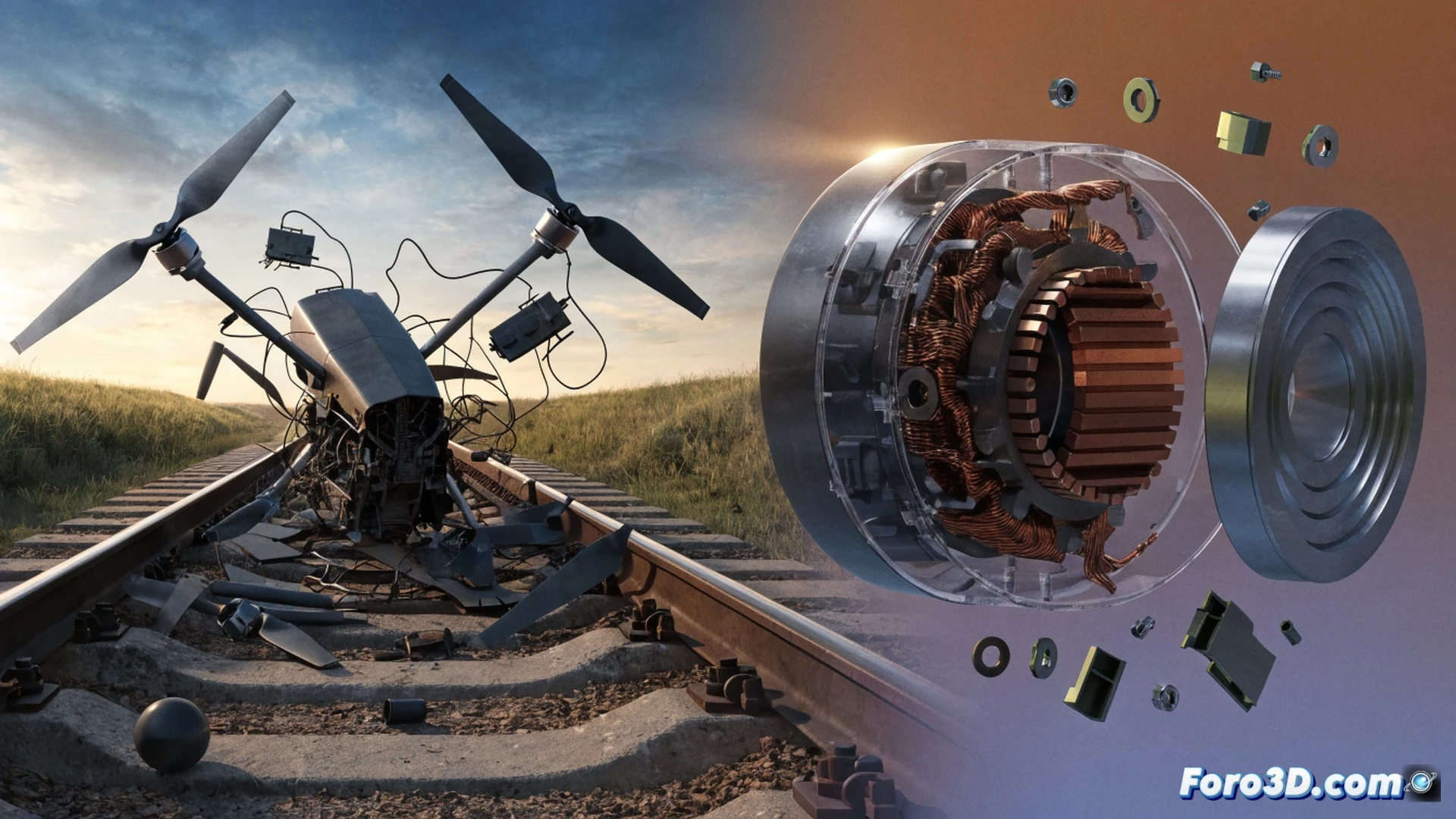 engineering visualization of a railway inspection drone crash scene, drone tilted mid-air with a detached motor winding fragment trailing sparks, railway tracks below with inspection equipment scattered, a laptop on the ground displaying 3D flight data reconstruction software, broken motor stator and copper wire pieces visible, photorealistic technical illustration, dramatic stormy sky, metallic drone body with visible rotor damage, glowing orange fault lines tracing the winding failure path, ultra-detailed mechanical components, cinematic lighting with sharp shadows, motion blur on falling debris, high-contrast industrial palette