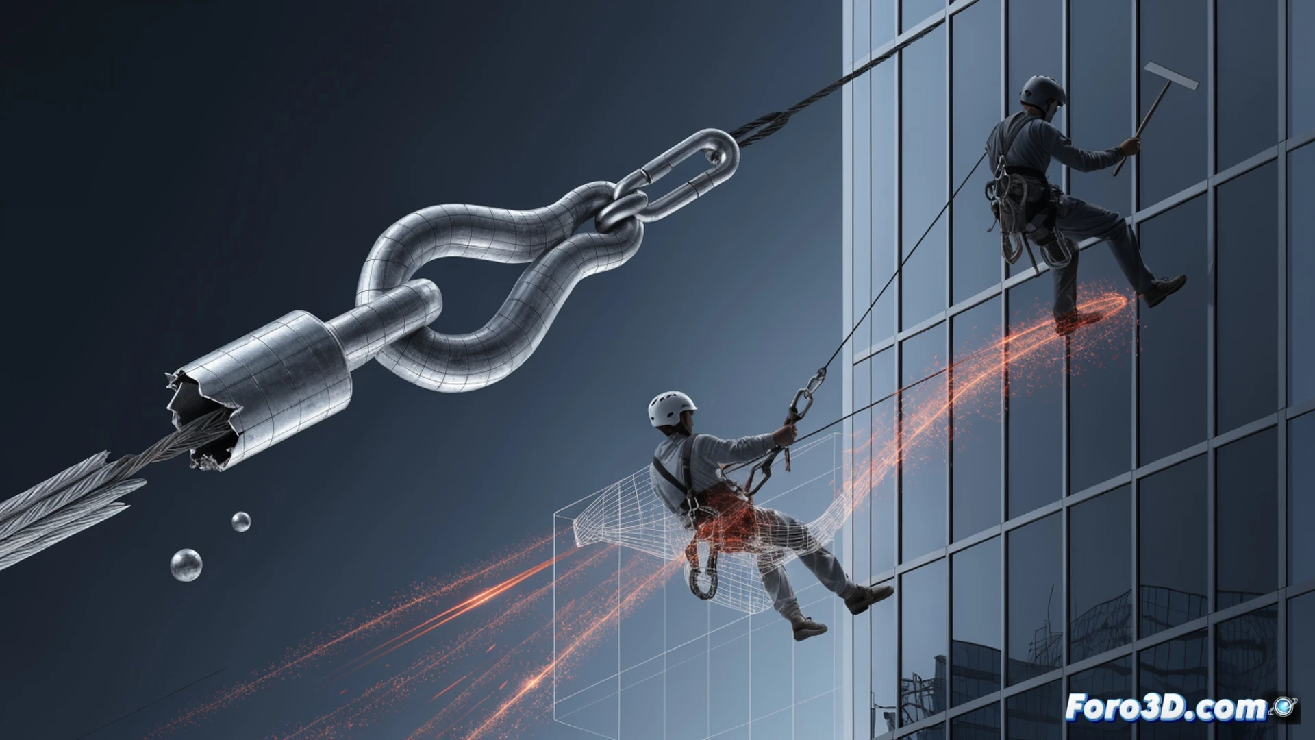 industrial platform suspended from building facade, cable tension system failing during high winds, frayed steel cable snapping under oscillating load, safety harness catching worker mid-fall, 3D simulation interface visible on tablet showing fatigue stress heat map on cable, wind gust arrows crossing scene, broken pulley mechanism with visible wear marks, cinematic engineering visualization, dramatic side lighting from building windows, debris particles suspended in air, realistic metal textures, photorealistic technical render