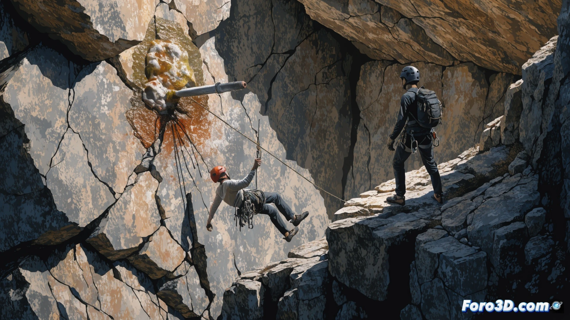 Escalada deportiva, anclaje químico fracturado en pared de roca, resina epoxi mal mezclada goteando desde el agujero, grietas visibles alrededor del perno de acero inoxidable parcialmente extraído, mosquetón y cinta de anclaje colgando sueltos, taladro eléctrico y cartuchos de resina bicolor sobre repisa rocosa, fondo de caída vertical con cuerda dinámica tensada, iluminación dramática de alto contraste, textura de granito rugoso, estilo photorealistic engineering visualization, detalle macro de fallo material, ambiente de tensión técnica