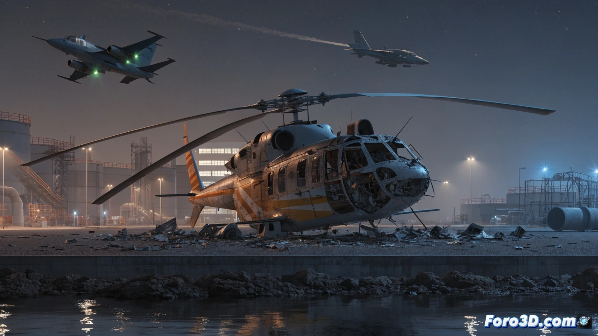 helicopter crash site at Ras Tanura oil refinery, twisted rotor blades embedded in sand near coastal industrial tanks, emergency response crew approaching wreckage while fuel pipes visible in background, smoke rising from impact point, photorealistic technical illustration, harsh midday desert sun casting sharp shadows, metallic debris scattered across gravel, industrial safety barriers partially destroyed, realistic damage textures on aircraft frame, cinematic wide-angle composition, dramatic contrast between blue sky and black smoke, ultra-detailed mechanical wreckage
