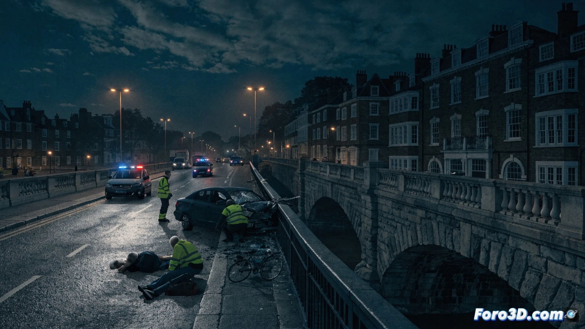 Accident scene on Twickenham Bridge, two crumpled vehicles with shattered glass and twisted metal, emergency responders working around a covered body on the pavement, paramedics loading a stretcher into an ambulance, police officers documenting the crash site with forensic cameras and measuring tapes, traffic cones and diversion signs blocking the bridge, glowing hazard lights on patrol cars, overcast London sky, wet asphalt reflecting red and blue emergency lights, cinematic photorealistic visualization, dramatic tension, ultra-detailed vehicle damage and debris scattered across the road