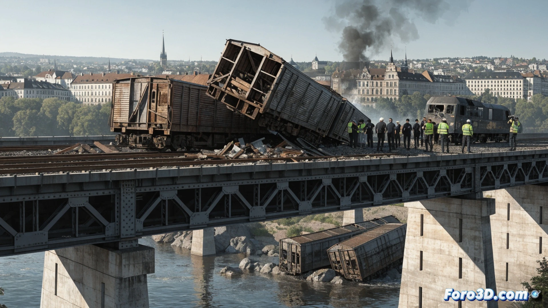 Two freight trains colliding during shunting maneuvers in Munich, two railcars tipping over a bridge edge and falling onto a street below, crushed car wreckage and scattered cargo debris on asphalt, rescue workers in reflective vests securing the scene with yellow barriers and flashlights, twisted metal couplings and hydraulic buffers visible, cinematic photorealistic technical illustration, dramatic dusk lighting with emergency vehicle strobe lights, smoke and dust particles suspended in air, ultra-detailed mechanical damage, realistic industrial urban environment