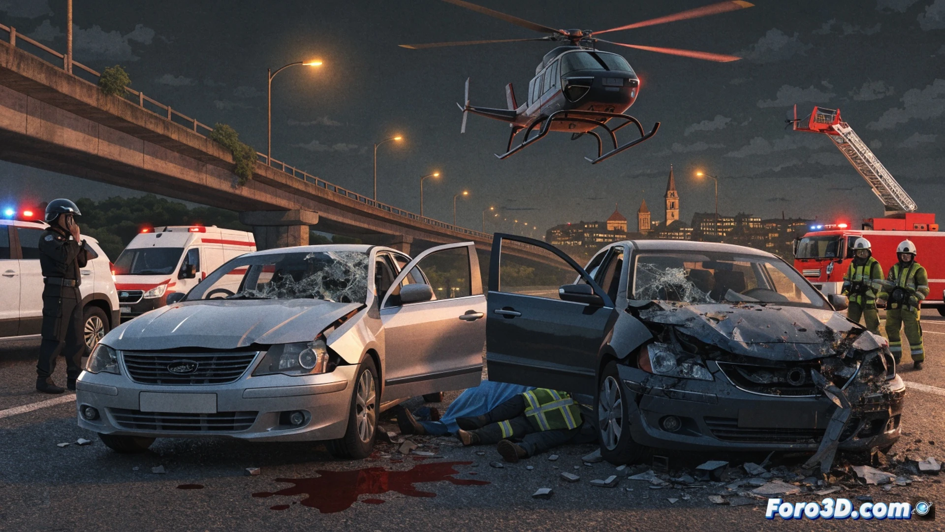front-facing car collision at rural crossroads in Castilla y León, crumpled metallic hoods interlocking, shattered windshield glass scattering across asphalt, emergency responders in high-visibility vests deploying hydraulic rescue tools to pry open driver-side door, medical team stabilizing a patient on stretcher near wreckage, distant helicopter descending with rotor blur, dust particles suspended in golden evening light, cinematic photorealistic crash reconstruction, dramatic low-angle shot emphasizing vehicle deformation, debris field with plastic fragments and fluid puddles, technical accident scene visualization