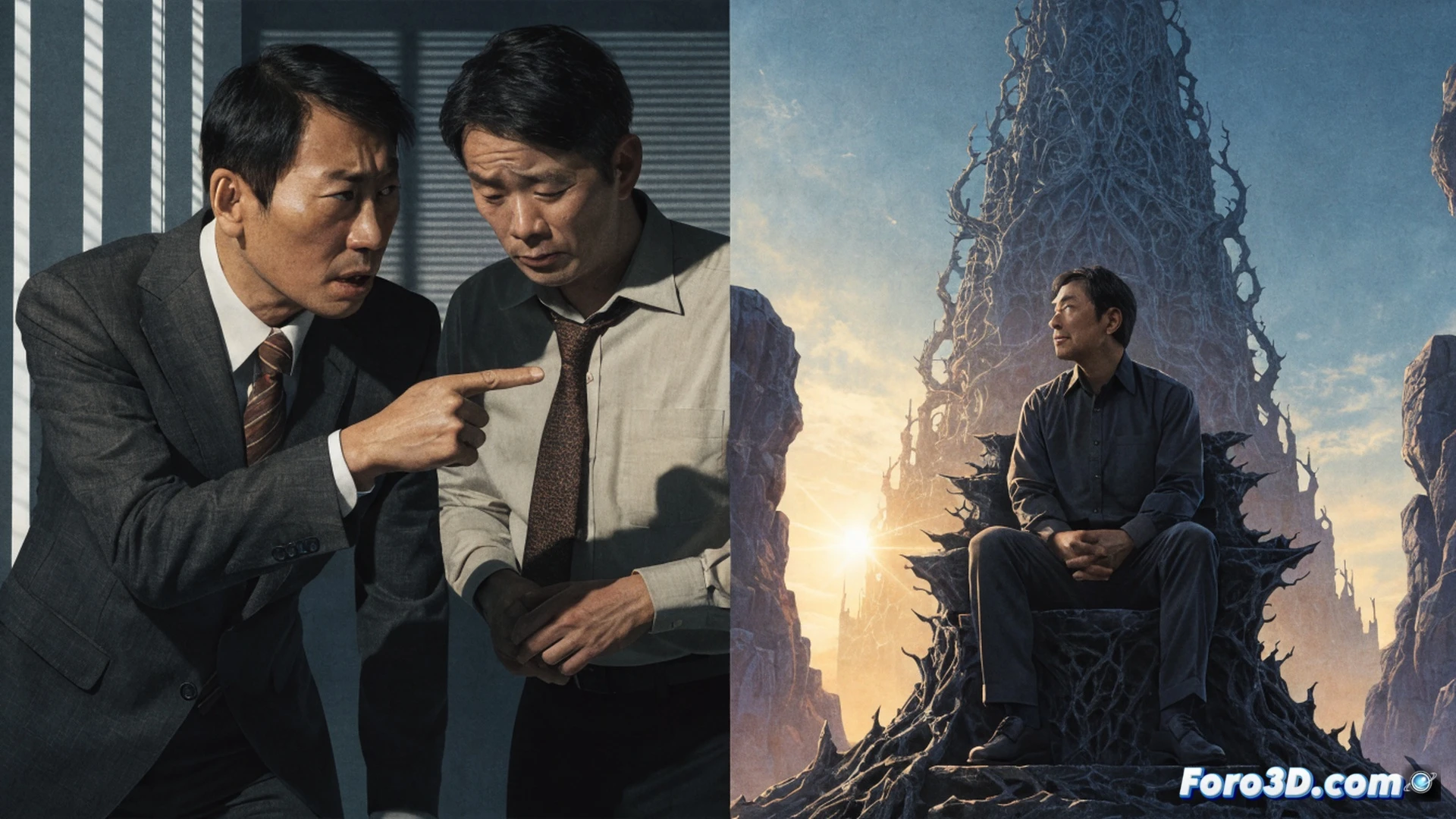 boardroom conflict scene with a stylized Elden Ring game disc cracked in half on a polished wooden table, one side representing corporate greed with golden chains and stock graphs wrapped around it, the other side showing a shattered Erdtree motif, a lone game director figure standing apart from suited executives pointing angrily at financial projections on a holographic screen, cinematic lighting with cold blue corporate tones contrasting warm golden fantasy glow, photorealistic technical illustration, scattered concept art pages and a cracked tablet showing Miyazaki’s statement floating in mid-air, dramatic shadows, ultra-detailed textures on suits and table surface