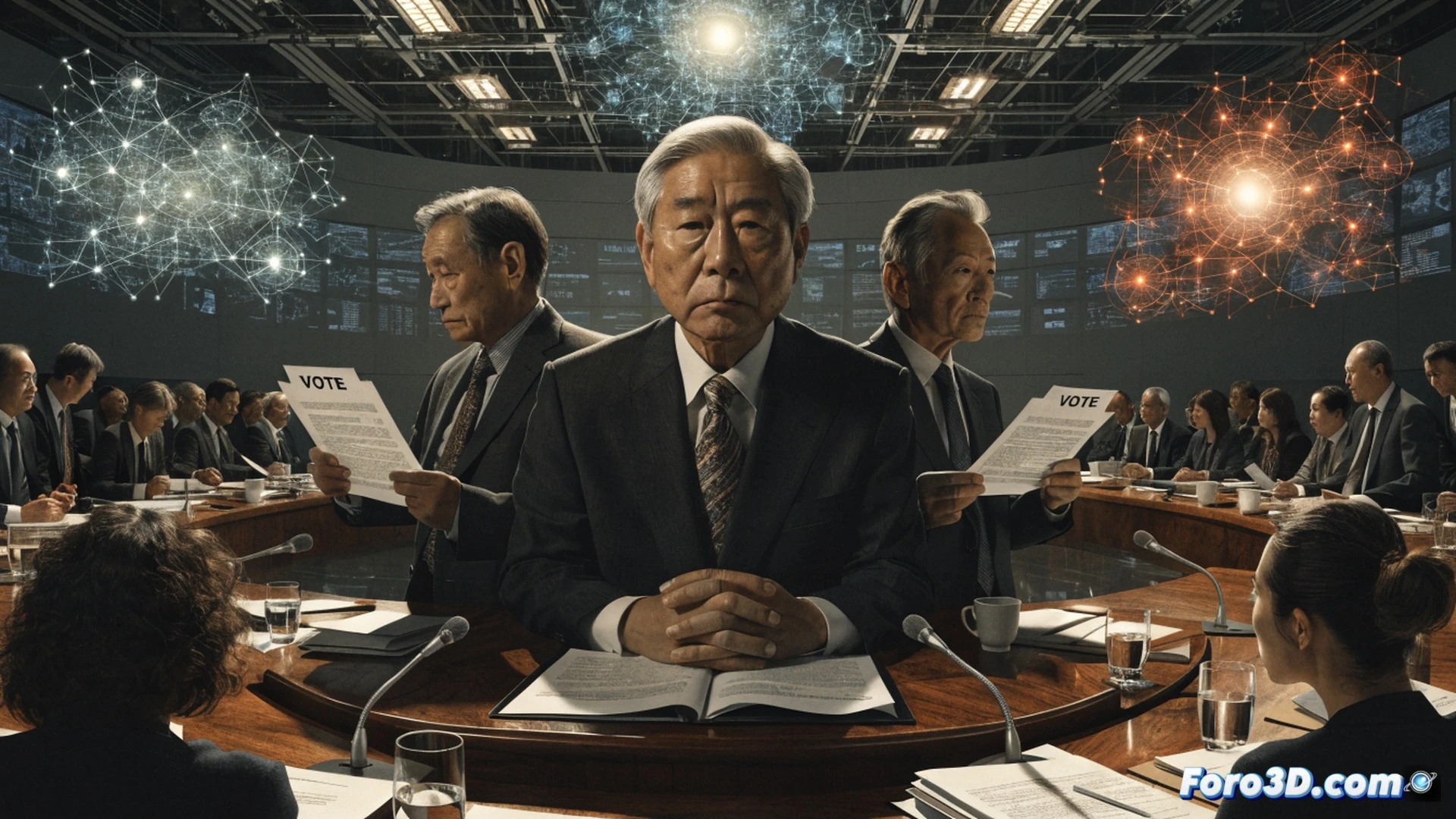 Nissan boardroom during shareholder vote, raised hands rejecting reelección, digital voting screens displaying red negative results for Motoo Nagai, shareholders holding financial reports, CEO standing at podium with tense expression, holographic stock graph declining behind him, cinematic corporate visualization, polished wooden table, scattered vehicle blueprints, dramatic overhead lighting, photorealistic engineering render, ultra-detailed suits and microphones, motion blur on voting hands
