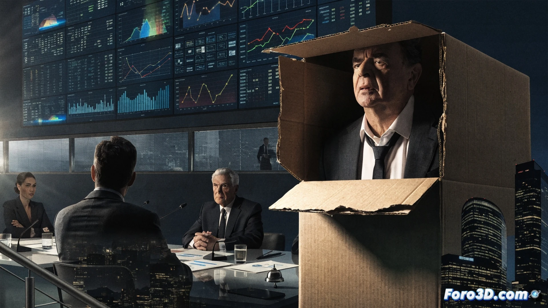 Nissan shareholder meeting, a man in a suit holding a small black suitcase, pointing at a projection screen showing a downward-trending stock chart, empty executive chairs on stage, a broken Nissan logo on the podium, cinematic technical visualization, tense atmosphere, dramatic shadows from overhead conference lights, photorealistic render, polished wood table reflecting blurred faces, high-end corporate interior, cold blue and grey color palette, sharp focus on the suitcase clasp