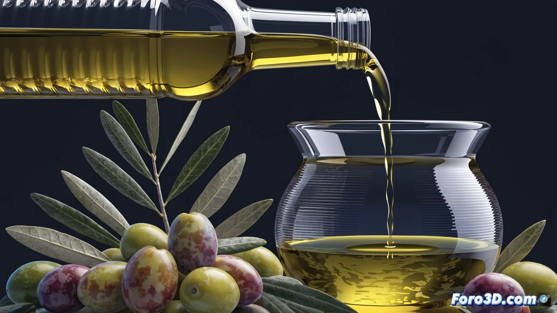 close-up shot of a kitchen counter, a chef hand pouring golden extra virgin olive oil from a glass bottle onto a fresh salad, oil droplets splashing on green leaves, a wooden cutting board with half a tomato and basil, a measuring spoon nearby, sunlight streaming through a window, photorealistic culinary photography, warm natural lighting, shallow depth of field, vibrant green and yellow colors, healthy food lifestyle aesthetic