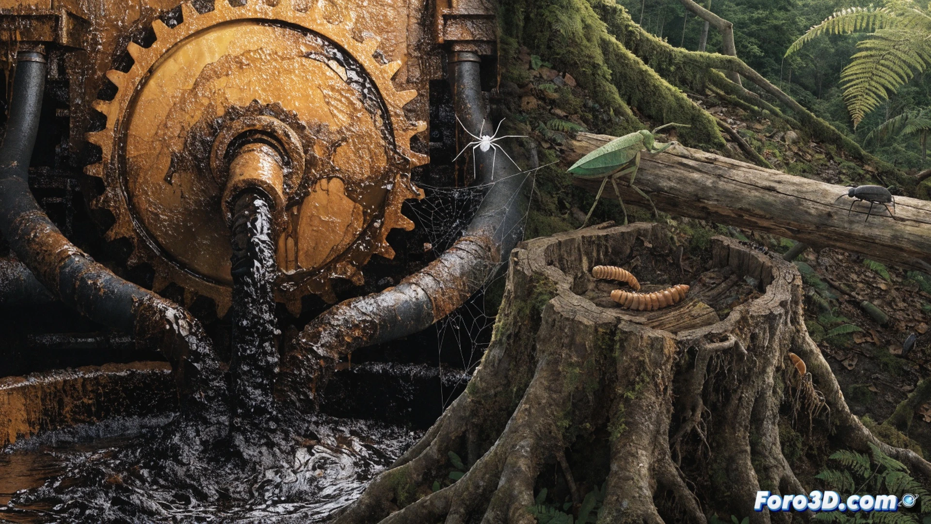 tropical deforestation scene showing a bulldozer clearing rainforest for palm oil plantation, smoke rising from burning vegetation, a jaguar fleeing through remaining trees while a chainsaw cuts a massive tree trunk, soil erosion visible on exposed slopes, camera lens dirt effect, cinematic photorealistic style, dramatic sunset lighting through smoke haze, ultra-detailed foliage and animal fur textures, environmental documentary aesthetic
