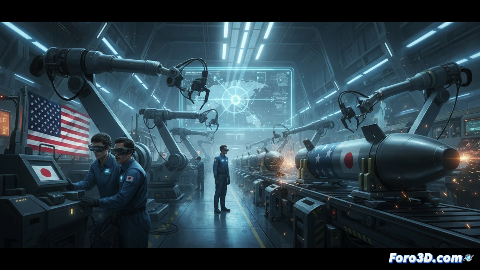 Photorealistic engineering visualization of a joint US-Japan missile assembly line, robotic arms positioning a guided missile warhead onto a metallic fuselage, engineers in cleanroom suits monitoring holographic schematics of the weapon system, glowing red status indicators on automated torque wrenches during final assembly, a digital display showing Operation Supercharge timeline, missile rail launcher components being aligned with precision fixtures, dramatic industrial lighting reflecting off polished metal surfaces, ultra-detailed mechanical joints and wiring harnesses, cinematic depth of field emphasizing collaborative production process