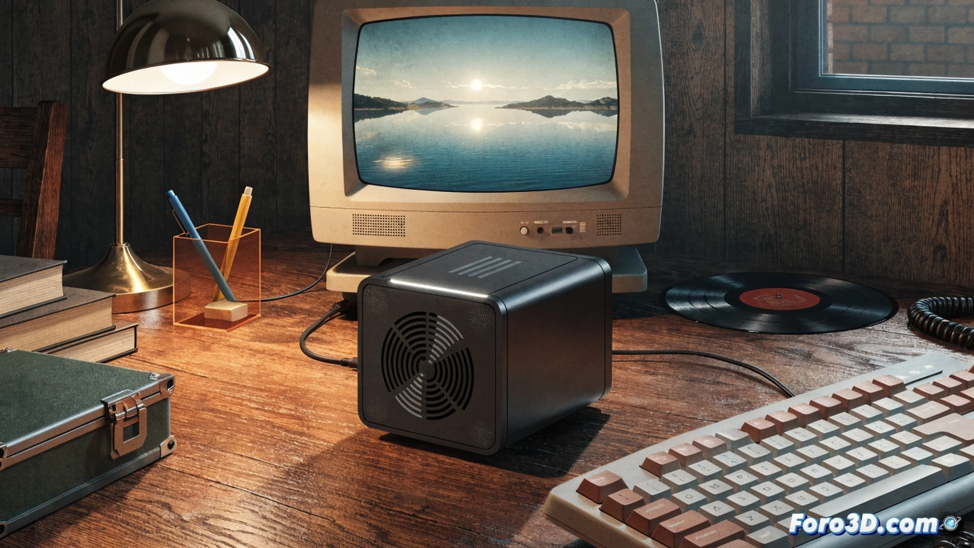 compact retro mini PC ACEMAGIC Retro X5 sitting on a wooden desk in a cozy home office, showing a person’s hand plugging an HDMI cable into the rear I/O panel, while a monitor displays a streaming video interface and an open office document, small desk lamp casting warm light, technical illustration style, clean lines, detailed ventilation grilles and USB ports on the front, subtle keyboard and mouse nearby, photorealistic render, soft shadows, nostalgic home computing atmosphere, functional hardware demonstration
