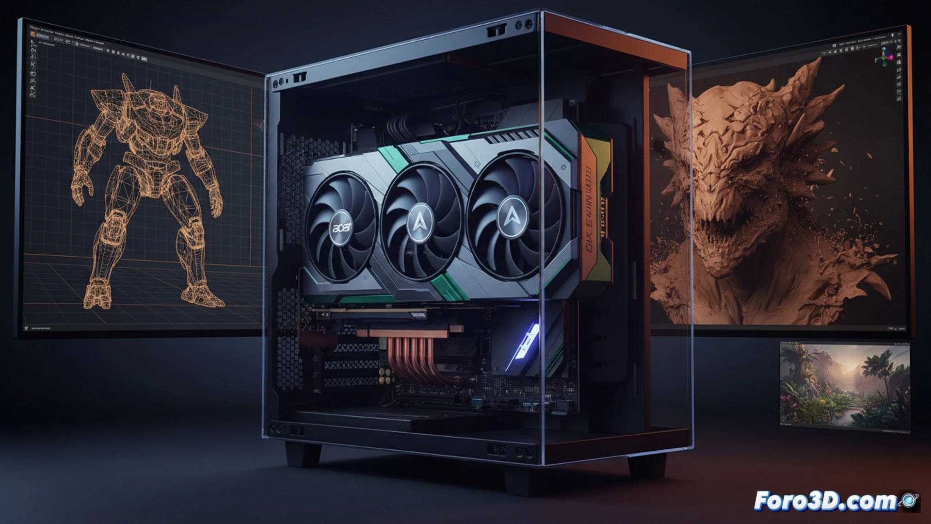 Acer RX 9070 GRE Nitro, tarjeta gráfica plateada con ventiladores triples sobre fondo oscuro