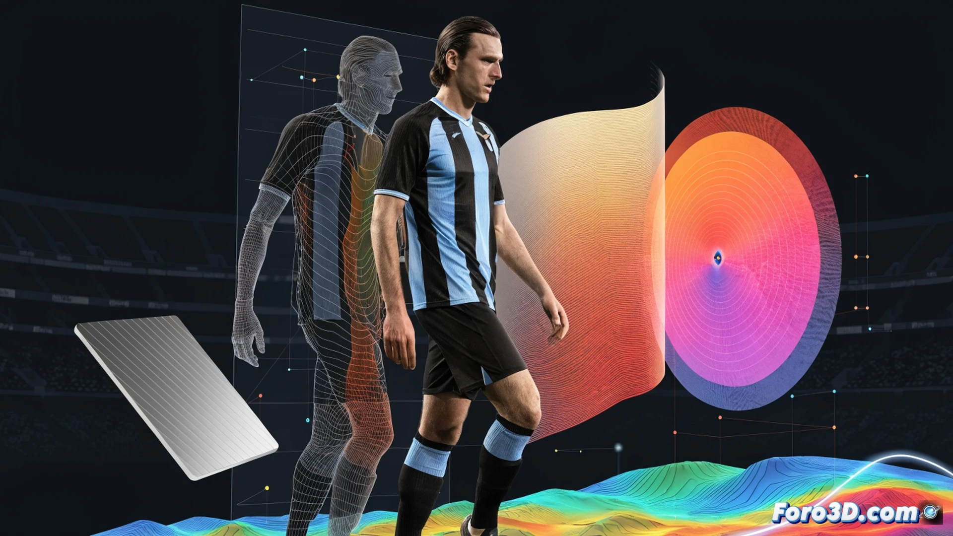Francesco Acerbi positioned at center of defensive line, reading an opponent striker run while staying completely stationary, 3D tactical overlay showing predicted passing lanes and movement trajectories as glowing blue lines, opponent player approaching with red marker indicating offside trap activation, stadium pitch with tactical grid lines on grass, cinematic sports visualization, photorealistic player models, dramatic stadium floodlighting, motion blur on attacking player contrasting with Acerbi static stance, ultra-detailed kit textures, technical analysis interface panels with wireframe player skeletons