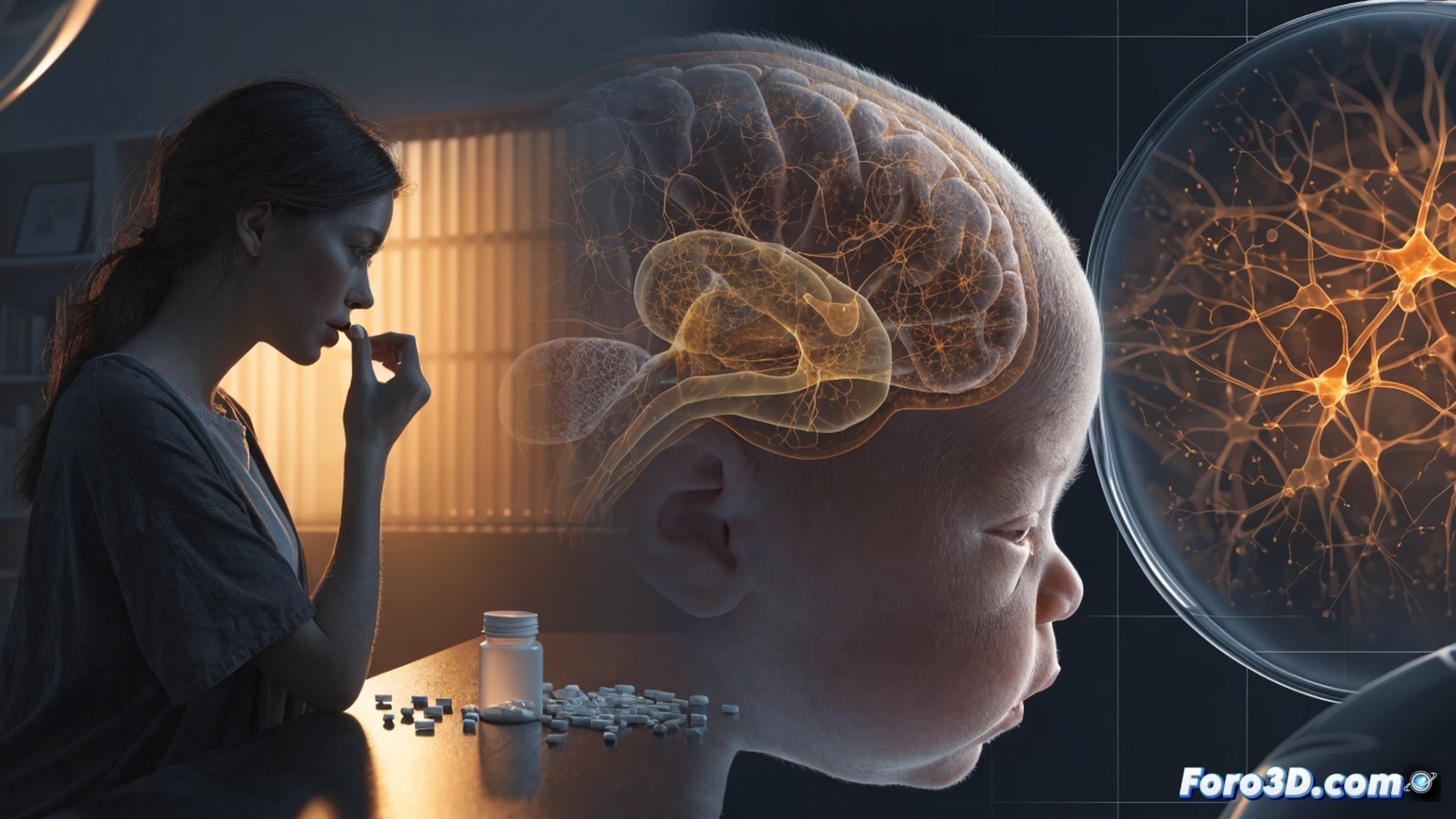 pregnant woman silhouette holding a white tablet near a glass of water, anatomical cross-section of fetal brain with glowing neural pathways showing no disruption, medical monitor displaying flat neural activity lines, doctor’s hand pointing to a JAMA journal graph with zero correlation curve, pharmaceutical blister pack of acetaminophen tablets in foreground, soft clinical lighting, photorealistic medical illustration, clean hospital environment, gentle blue and white color palette, cinematic depth of field, ultra-detailed tablet surface texture