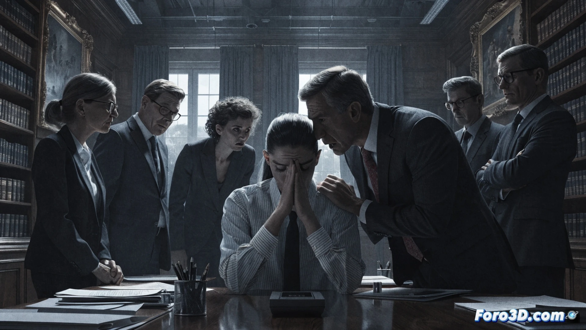 professional worker standing alone in a sterile institutional corridor, multiple shadowy figures watching from glass-walled offices, worker holding a broken loyalty medal while a formal document marked protocol slides from a desk, security camera with red blinking light overhead, software interface on a tablet showing anonymous report submission button, cinematic photorealistic style, cold blue fluorescent lighting, long shadows, tension visible in clenched fists, hyper-detailed textures of uniform fabric and concrete walls, dramatic chiaroscuro, technical illustration of institutional power dynamics