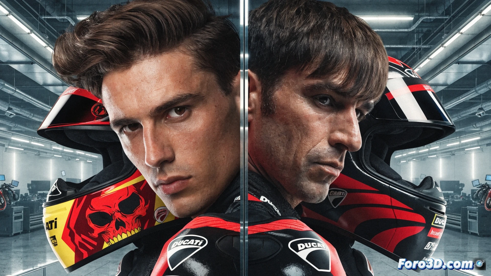 Pedro Acosta y Marc Márquez en box Ducati 2027, ambos con monos rojos oficiales, Acosta de 22 años observa atentamente mientras Márquez explica ajustes en una pantalla de telemetría mostrando curvas de potencia y frenada, manos señalando datos en tiempo real, fondo con motocicleta Desmosedici expuesta, luces LED blancas sobre herramientas mecánicas y llaves dinamométricas, estilo cinematic photorealistic, enfoque nítido en expresiones concentradas, ambiente técnico de fábrica, reflejos metálicos en carenado de fibra de carbono, profundidad de campo limitada, iluminación dramática desde arriba, ultra-detailed engineering visualization.