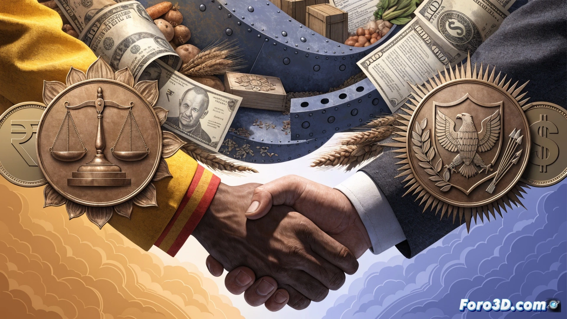 two national flags partially unrolled on a negotiation table, India flag and US flag, a paused hand hovering over a document with tariff percentages crossed out in red ink, agricultural produce icons fading on one side while industrial gears spin slowly on the other, split-screen technical illustration, photorealistic engineering visualization, metallic table surface reflecting blurred figures of negotiators, dramatic side lighting casting long shadows, ultra-detailed fabric texture and paper grain, cinematic composition with shallow depth of field