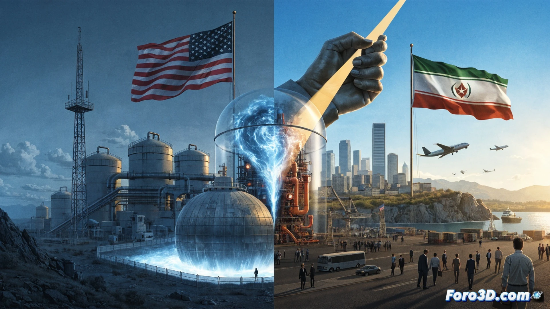 Middle Eastern desert landscape, a glowing uranium enrichment centrifuge cascade being deactivated by robotic arms, blue-glowing fuel rods being sealed inside a lead transport cask, while a digital hologram shows oil barrels and rising stock graphs floating above a modern refinery, diplomatic handshake silhouetted in foreground, cinematic photorealistic engineering visualization, dramatic sunset lighting, golden hour rays piercing industrial haze, ultra-detailed metallic surfaces, glowing particle traces of enriched material being neutralized, technical illustration style