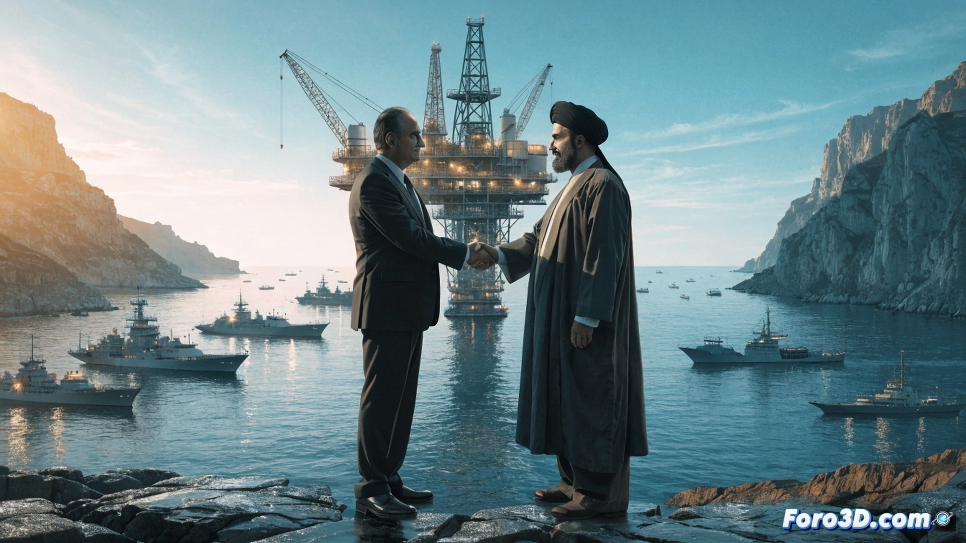 massive oil tanker navigating narrow Strait of Hormuz, US naval destroyer escorting Iranian cargo ships, glowing pipeline network connecting underwater oil terminals, digital holographic map showing 300 billion dollar reconstruction fund flow, gold coins and oil barrels stacking near Persian Gulf shore, photorealistic cinematic visualization, dramatic sunset lighting over turquoise water, ship wake turbulence creating swirling patterns, technical cutaway showing underwater valve mechanisms, cargo cranes unloading at modernized port facility, economic stability symbols merging with industrial infrastructure, hyper-detailed maritime engineering scene