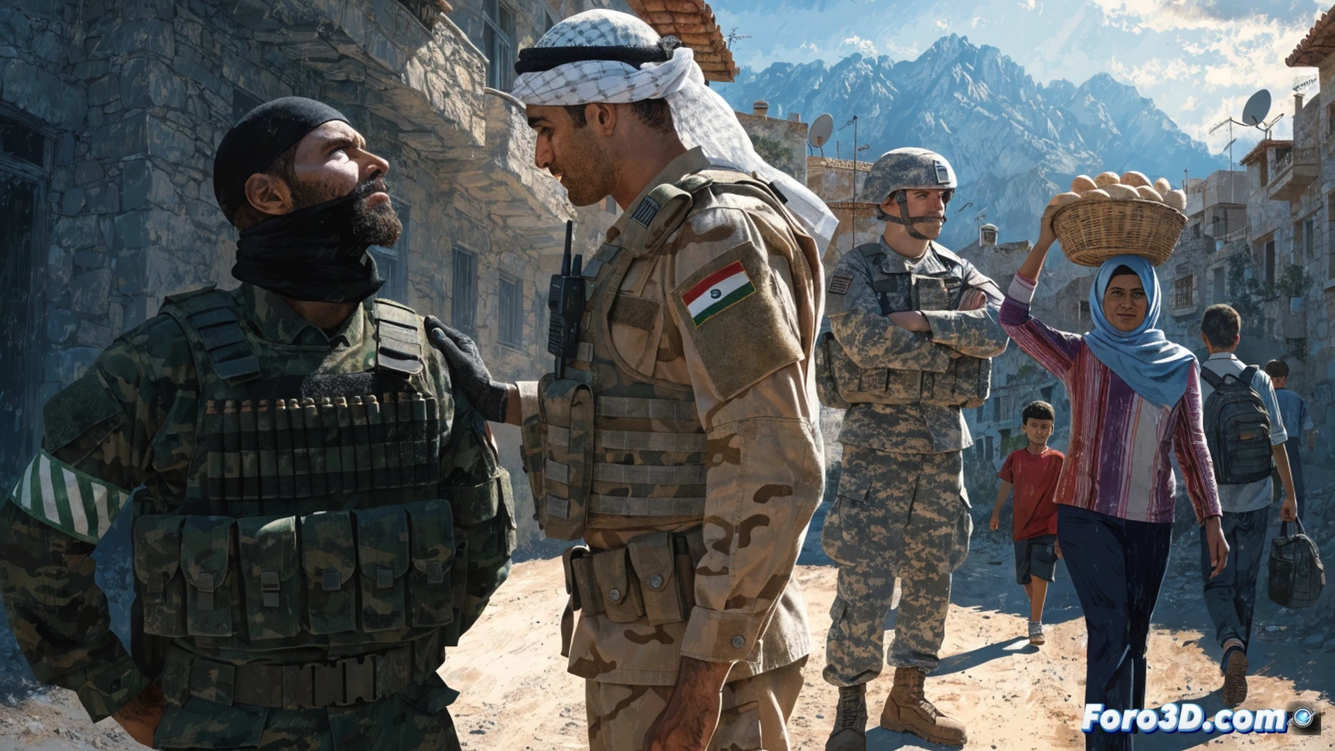soldiers in Lebanese army uniforms taking control of a rocky border outpost, Hezbollah fighters handing over weapons to UN peacekeepers, Israeli military vehicles withdrawing from the area, a large map table showing the southern Lebanon border with marked zones, three flags of Lebanon Israel and USA in background, wire fences and watchtowers visible, dramatic sunset sky, cinematic photorealistic style, high detail on military gear and map symbols, clear action of disarmament and territorial transfer, tense but hopeful atmosphere