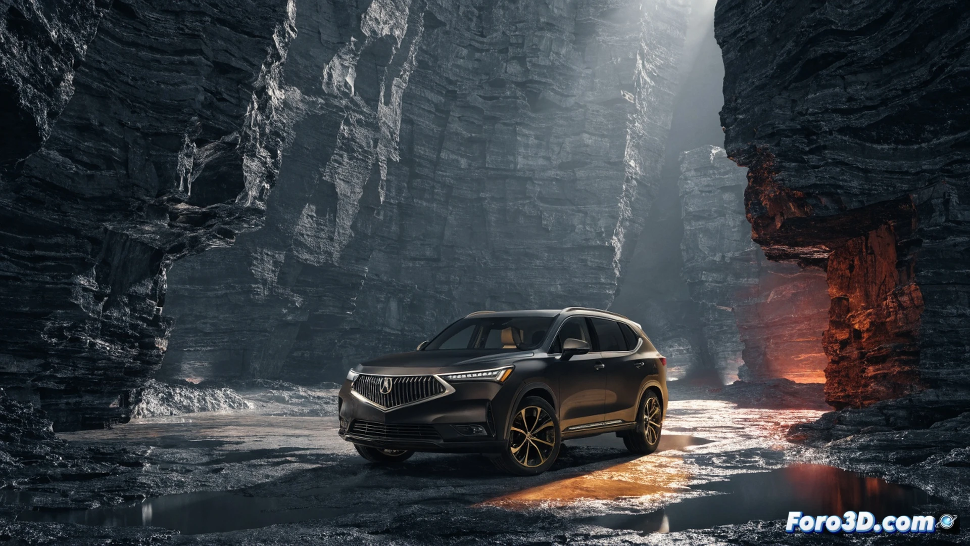 Acura MDX Type S 2026 accelerating on a winding mountain road, front wheels gripping asphalt during hard cornering, suspension compressing under load, brake calipers glowing orange from friction, exhaust pipes emitting visible heat waves, cinematic automotive engineering visualization, metallic grey bodywork reflecting forest green surroundings, motion blur on background trees, realistic tire smoke, dramatic golden hour lighting, ultra-detailed engine bay visible through grille, photorealistic technical render