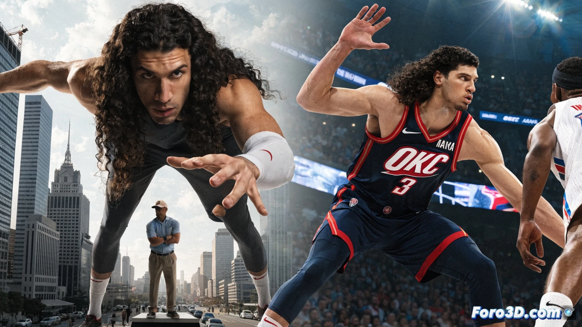 Aday Mara, 2.21m tall, in Oklahoma City Thunder jersey, positioning under basketball hoop with arms raised in defensive stance, coach Dusty May in background clapping hands together with serious expression, basketball court with defensive play diagram glowing on floor, motion blur of fast-paced game action, cinematic sports photography style, dramatic arena lighting with blue and orange team colors, ultra-detailed fabric texture on jersey, realistic sweat droplets on skin, photorealistic technical render