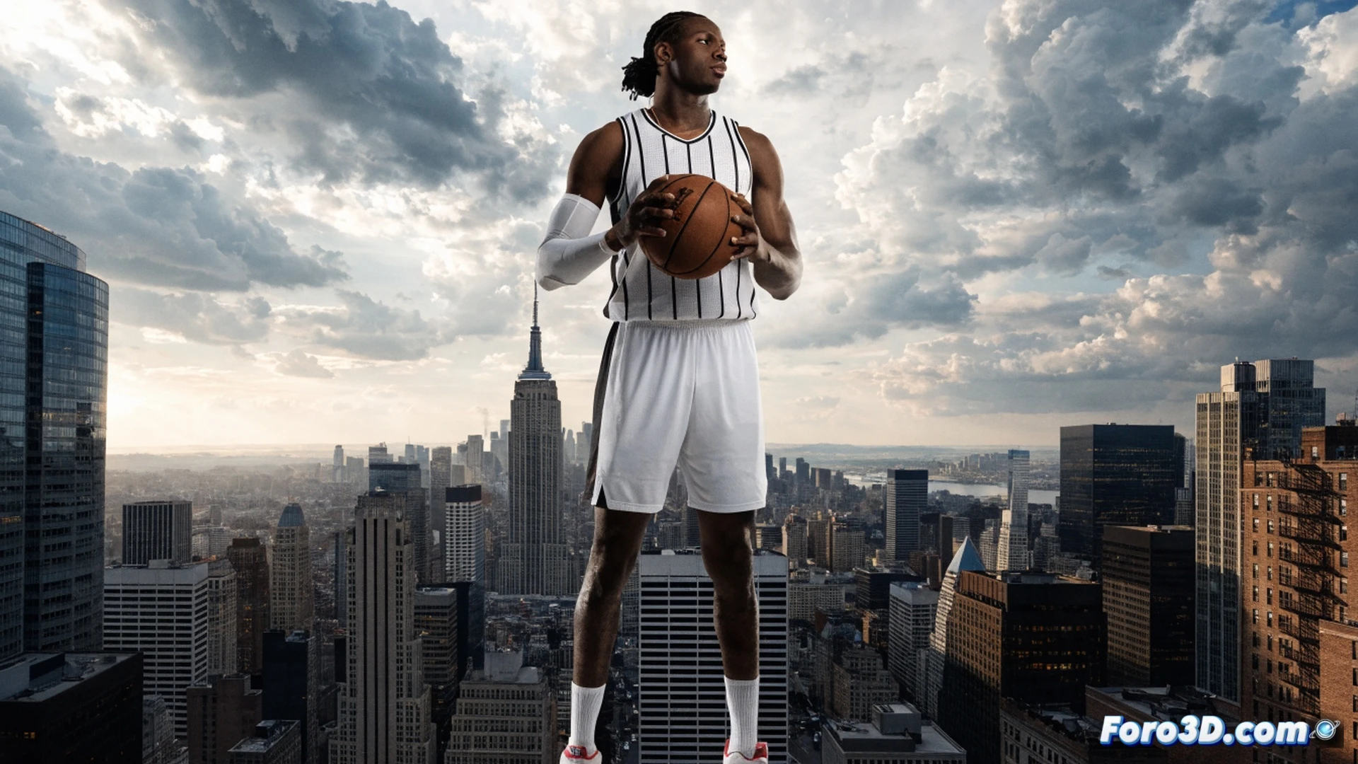 Aday Mara towering inside the paint, executing a powerful two-handed slam dunk during a high-stakes game, arena crowd blurred in motion behind him, sweat droplets frozen mid-air, muscular arms extended, net snapping around the rim, dramatic overhead floodlights casting long shadows on the polished hardwood court, cinematic sports photography style, ultra-detailed athletic physique, intense competitive atmosphere, photorealistic render with deep contrast and vibrant team colors
