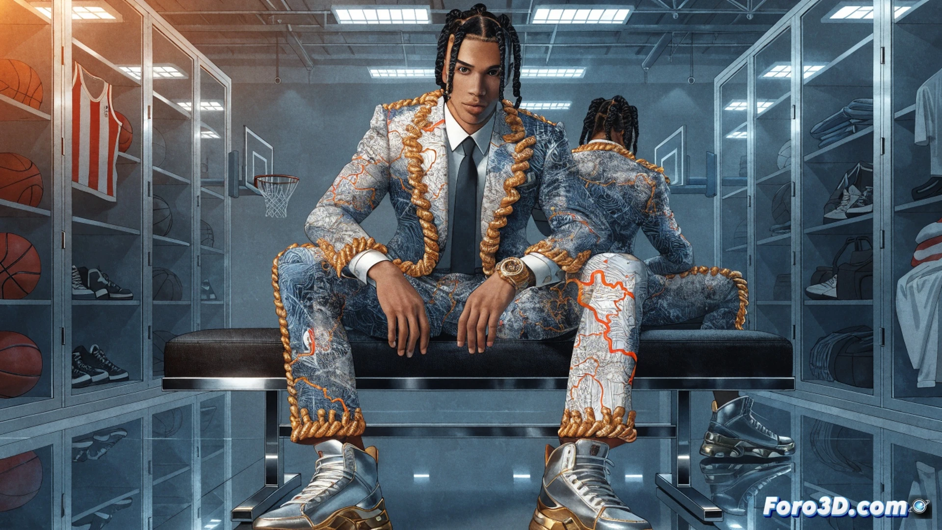 young basketball player in elegant navy suit with tiny cachirulo scarf peeking from breast pocket, interior jacket lining unfolding like map of Aragon with golden thread contours, hands adjusting cufflinks while holographic names of supporters float around him, photorealistic cinematic portrait, dramatic spotlight from above, fabric texture showing embroidered Spanish map details, silver NBA logo pin on lapel, warm amber backlight creating silhouette, ultra-detailed tailoring, emotional triumphant expression, shallow depth of field, professional studio lighting, 8k fashion photography style