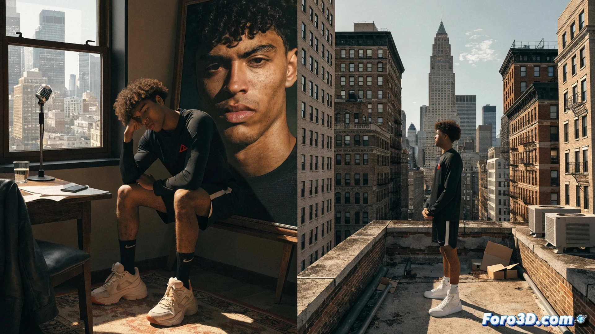 young basketball player in casual streetwear standing on a New York City rooftop at sunset, holding a basketball while studying a tablet showing draft analytics and team stats, skyline with skyscrapers in background, motion blur of city traffic below, tablet screen displaying glowing player performance graphs and team logos, calm focused expression, cinematic photorealistic style, warm golden hour lighting, urban atmosphere, depth of field emphasizing the tablet and player, ultra-detailed textures on clothing and building edges