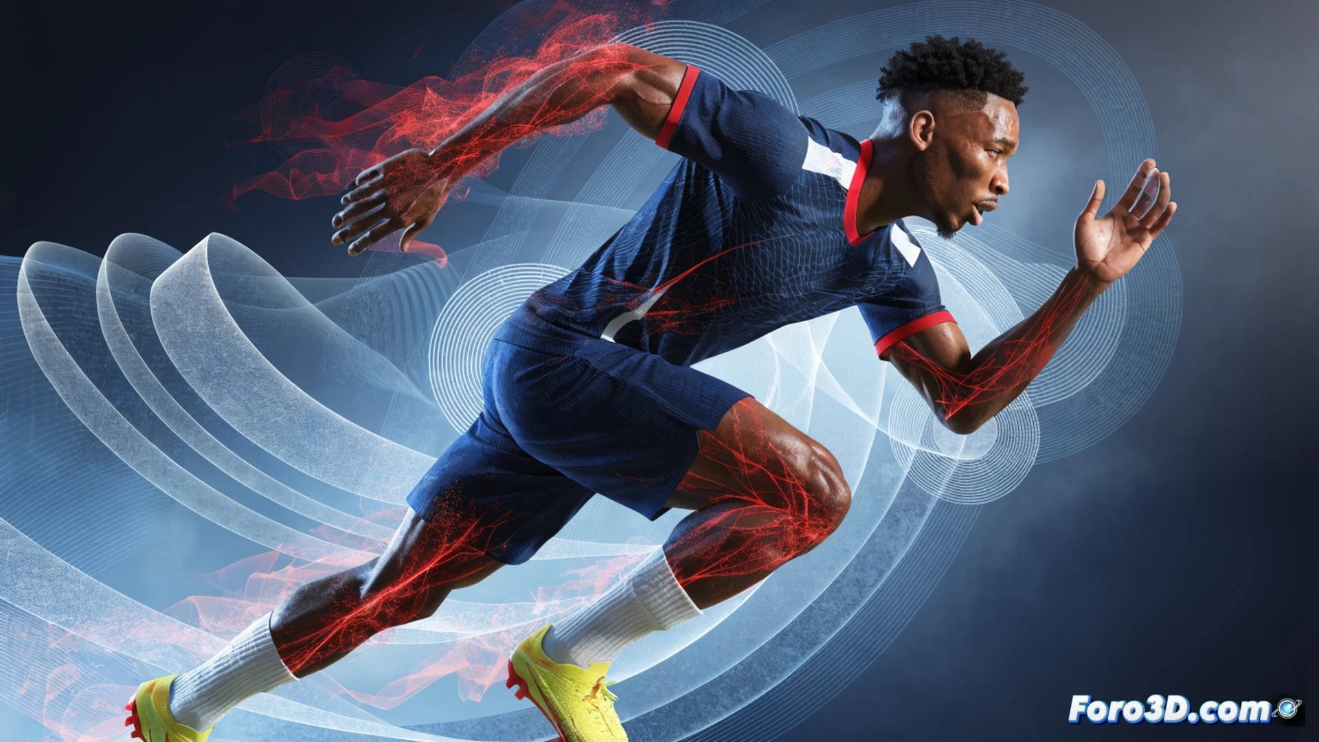 Ademola Lookman biomechanics analysis 3D motion capture, player exploding past defender with sharp body feint and rapid acceleration, glowing skeleton lines tracking hip rotation and foot strike patterns, ball glued to left foot during close control dribble, tactical pitch grid overlay showing broken defensive lines behind him, technical illustration style, cool blue and neon orange contrast, dynamic pose with muscle tension visible through translucent skin effect, motion blur on trailing leg, photorealistic engineering visualization, stadium floodlights casting dramatic shadows, ultra-detailed muscular and skeletal mapping