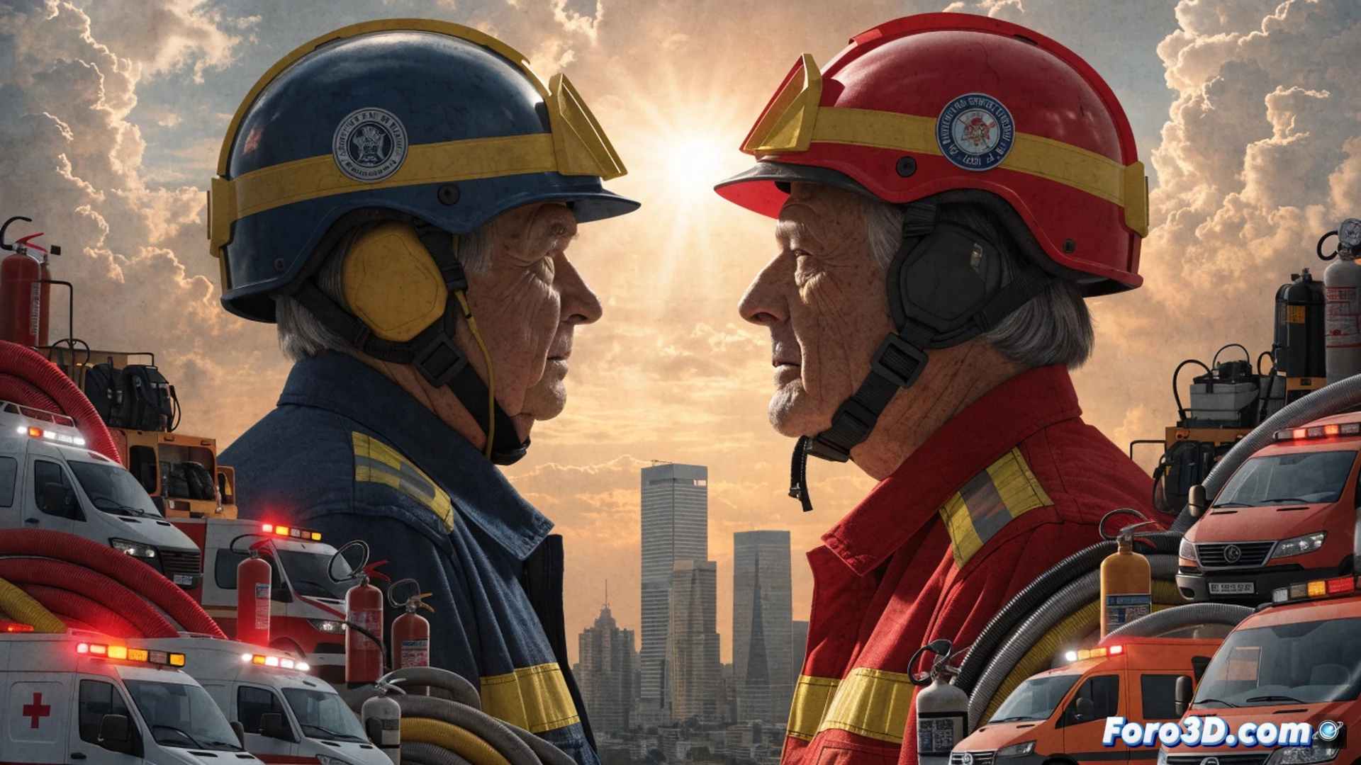 two veteran paramedics in full Samur-Protección Civil uniform standing beside an advanced emergency ambulance, one holding a defibrillator while the other demonstrates a procedure on a training mannequin, ambulance rear doors open revealing medical equipment racks with monitors and oxygen tanks, bright daylight at a Madrid street scene with blurred city background, cinematic photorealistic style, dramatic golden hour lighting casting long shadows, reflective orange stripes on uniforms glowing, ultra-detailed medical gear textures, emotional farewell atmosphere with hands shaking in gratitude, realistic human expressions, technical emergency vehicle details visible