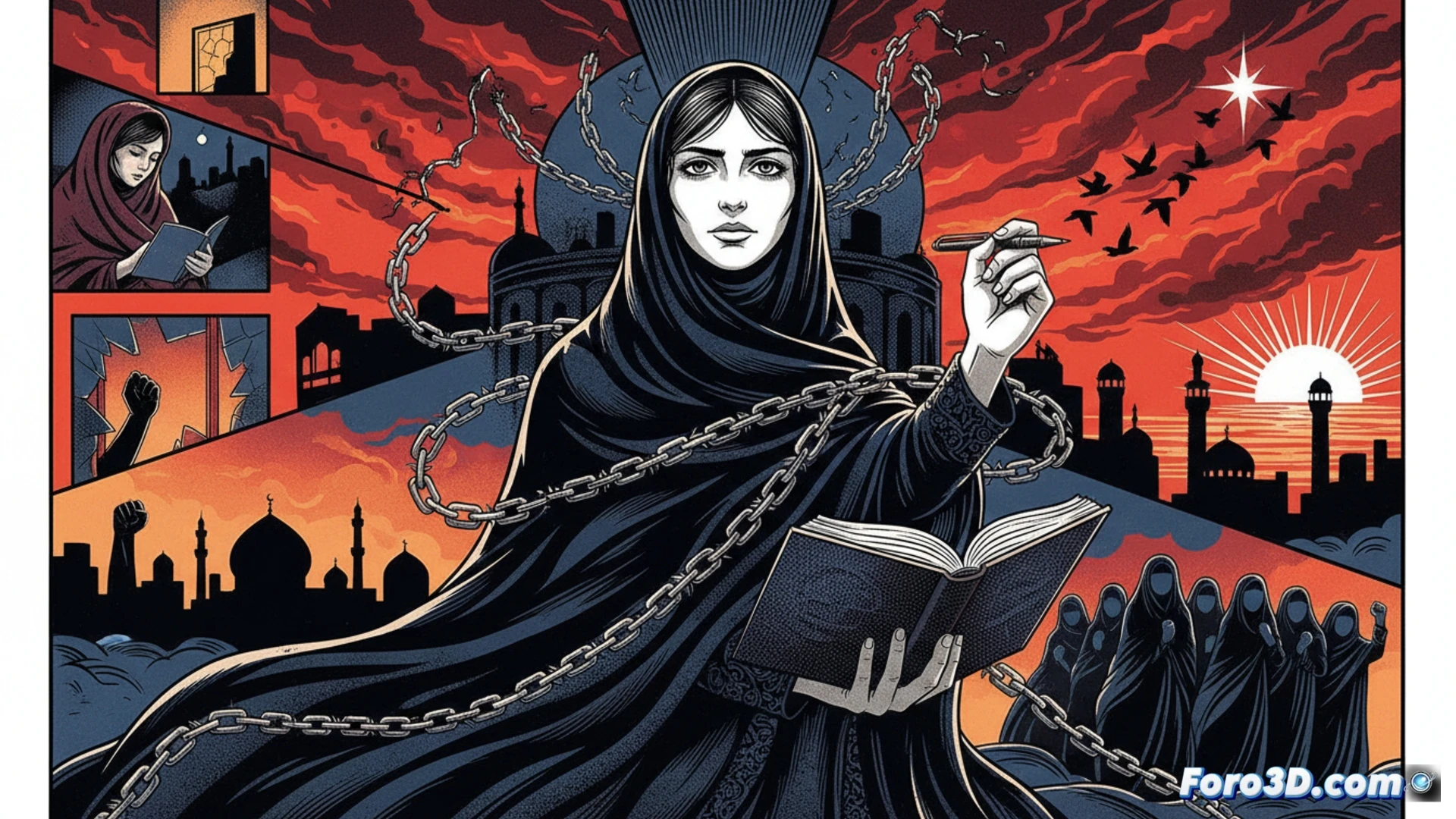 Marjane Satrapi drawing on a Wacom tablet, ink-black comic panels floating around her, each panel showing a woman removing a hijab while chains break apart, her graphite pencil moving across a digital canvas, Persepolis-style stark monochrome lines, cinematic dramatic lighting from a single desk lamp, shadows casting across her face, a cracked mirror behind her reflecting a prison cell, photorealistic technical illustration, ultra-detailed hand gestures, emotional intensity, high contrast black and white aesthetic, artistic process documentation