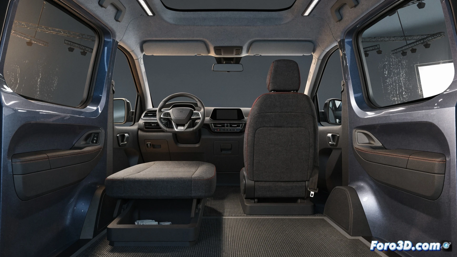 Peugeot Partner Active interior transformation, driver alone in single seat while passenger seat folds flat against dashboard, empty space revealing flat steel cargo floor with visible tie-down rings, measuring tape unrolled across the gap, mechanic placing a long toolbox directly on the folded seat area, sunlit dust particles floating in the cabin, engineering visualization style, crisp metallic textures, precise geometric shadows, photorealistic technical render, bright workshop lighting, clean white and gray interior panels