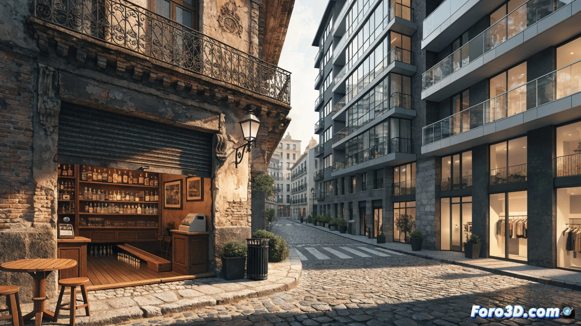 photorealistic urban scene showing a traditional corner bar being replaced by a chain store, construction workers removing a wooden bar counter while a neon sign reading bar bolos is being taken down, tourists with smartphones walking past, a faded mural of local history being covered by a generic facade, demolition tools like sledgehammers and drills in action, dust particles floating, contrasting old terracotta tiles against new glass windows, cinematic lighting with warm sunset hitting the old structure while cold blue light illuminates the new store, hyperdetailed textures of cracked paint and fresh concrete, engineering visualization of urban transformation process