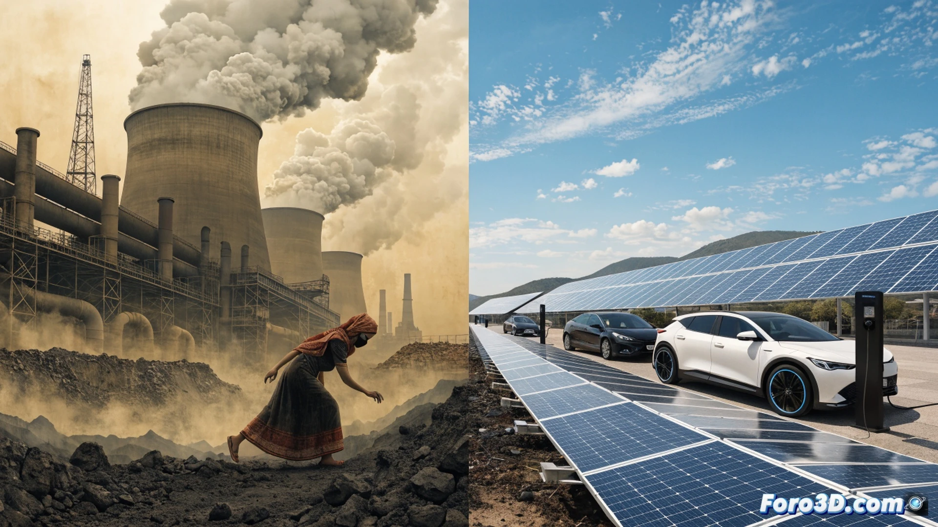 solar panel array at dawn, photovoltaic cells absorbing golden sunlight while a coal plant smokestack in background emits faint wisps of white steam, electric vehicle charging station in foreground with cable connected to car, clean energy transition action, digital energy flow lines tracing from panels to battery storage units, cinematic photorealistic technical illustration, dramatic sky with warm orange and cool blue contrast, ultra-detailed silicon wafer texture, glowing LED indicators on charging port, industrial landscape fading into shadow, atmospheric haze settling over coal facility